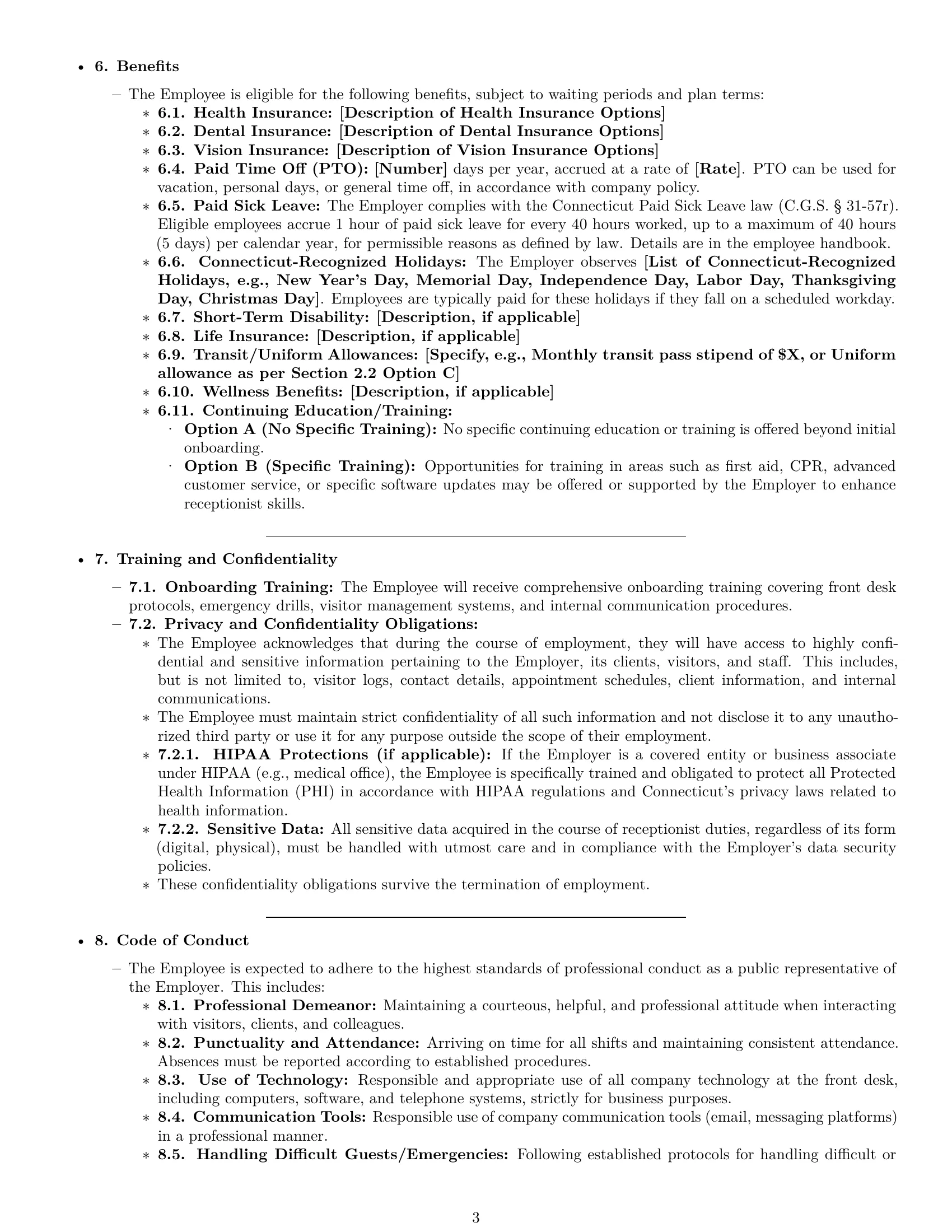 Preview page 3 of Pro Connecticut receptionist employment contract template