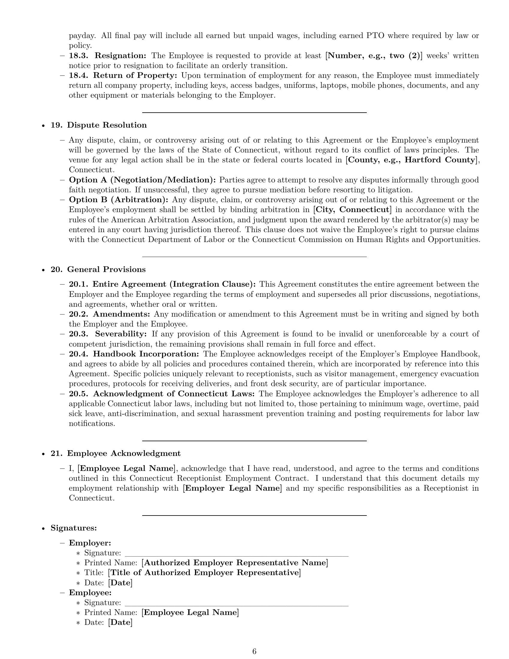 Preview page 6 of Pro Connecticut receptionist employment contract template