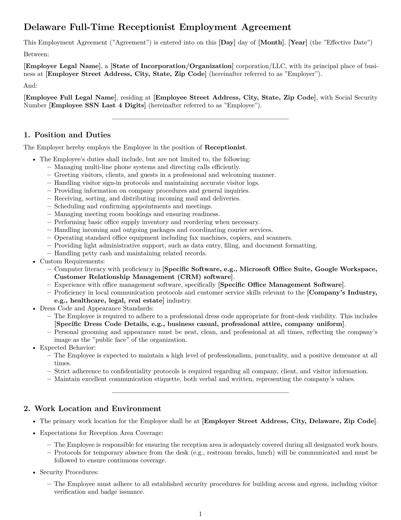 Preview page 1 of Pro Delaware receptionist employment contract template