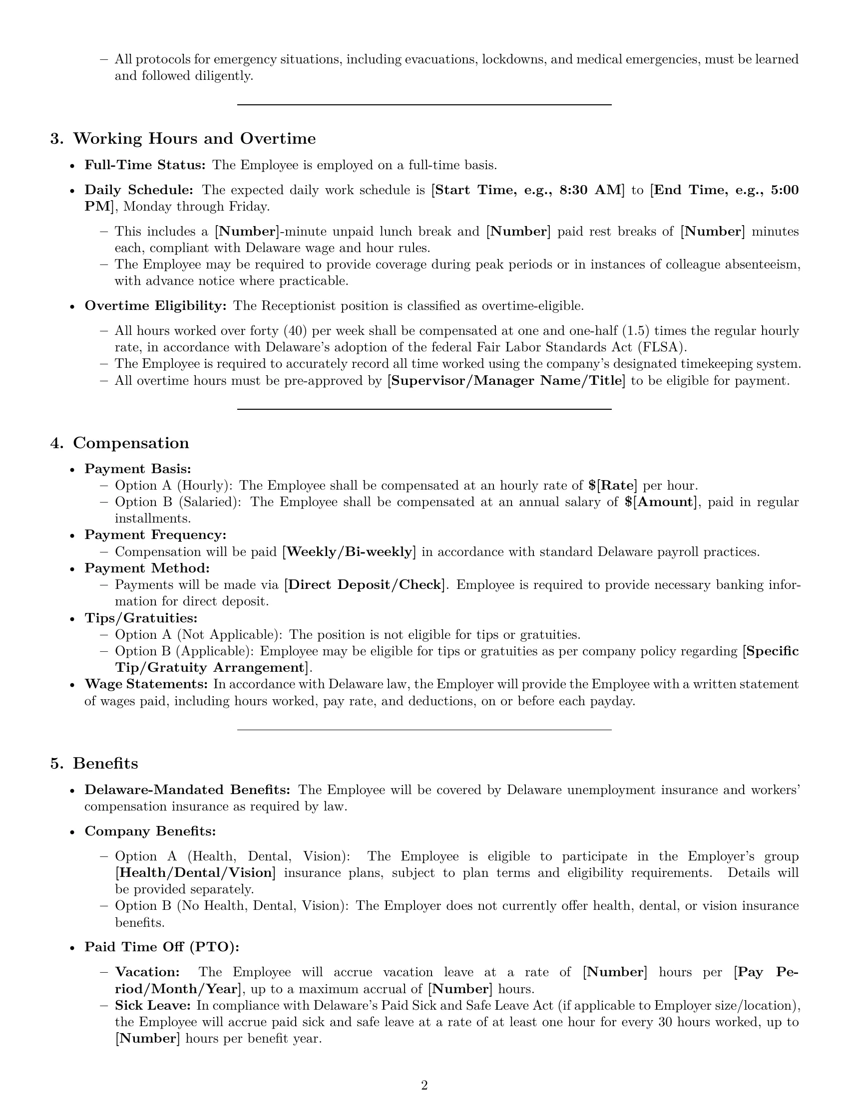 Preview page 2 of Pro Delaware receptionist employment contract template
