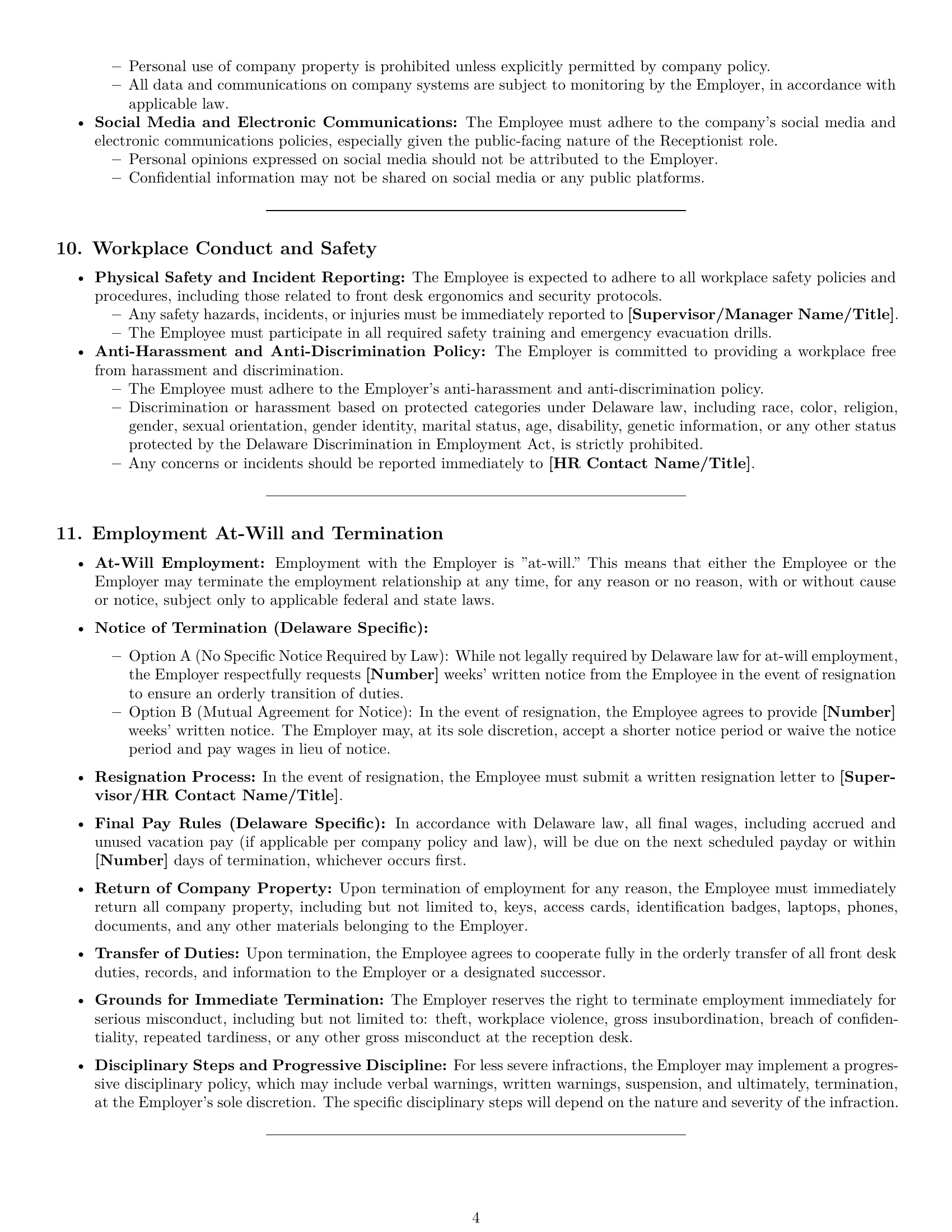 Preview page 4 of Pro Delaware receptionist employment contract template