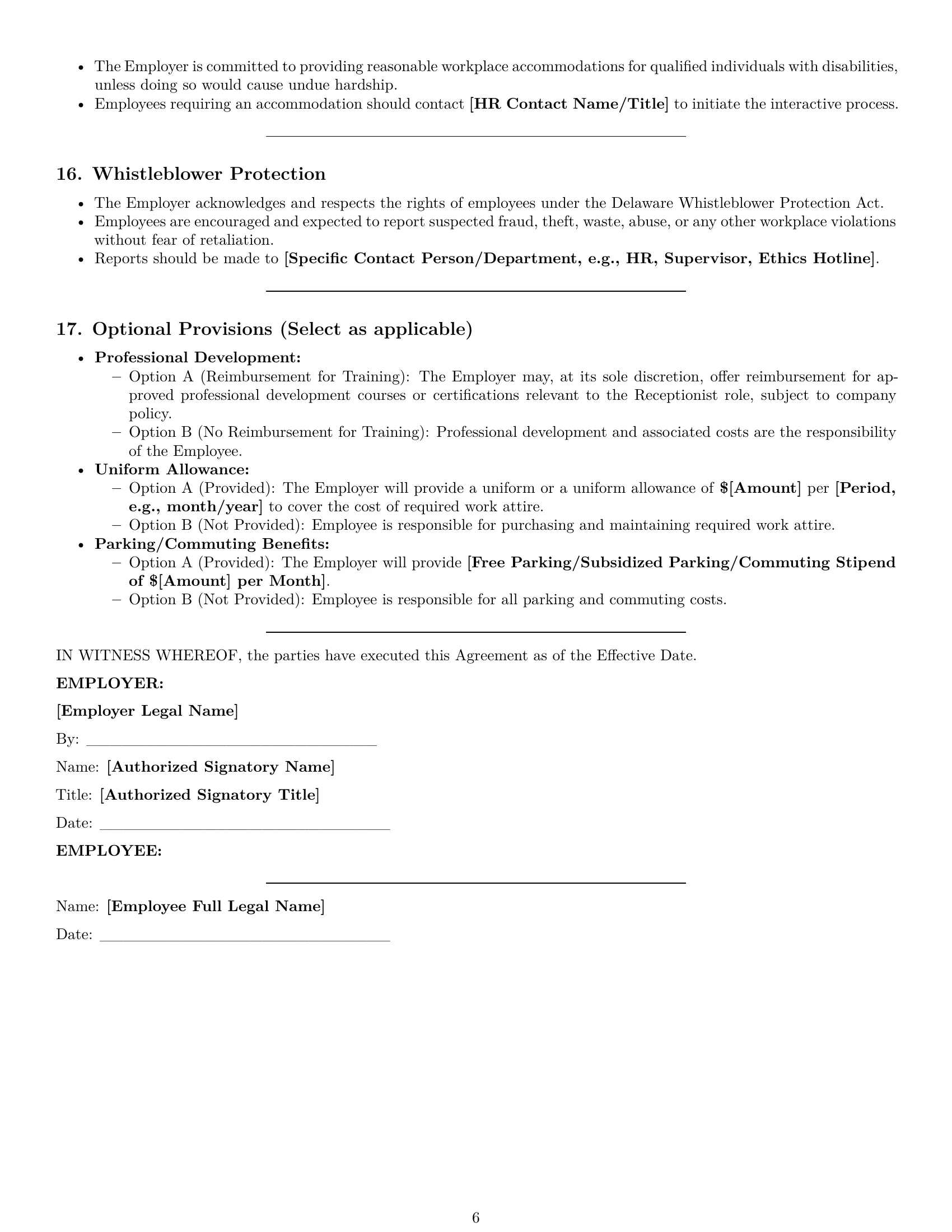 Preview page 6 of Pro Delaware receptionist employment contract template
