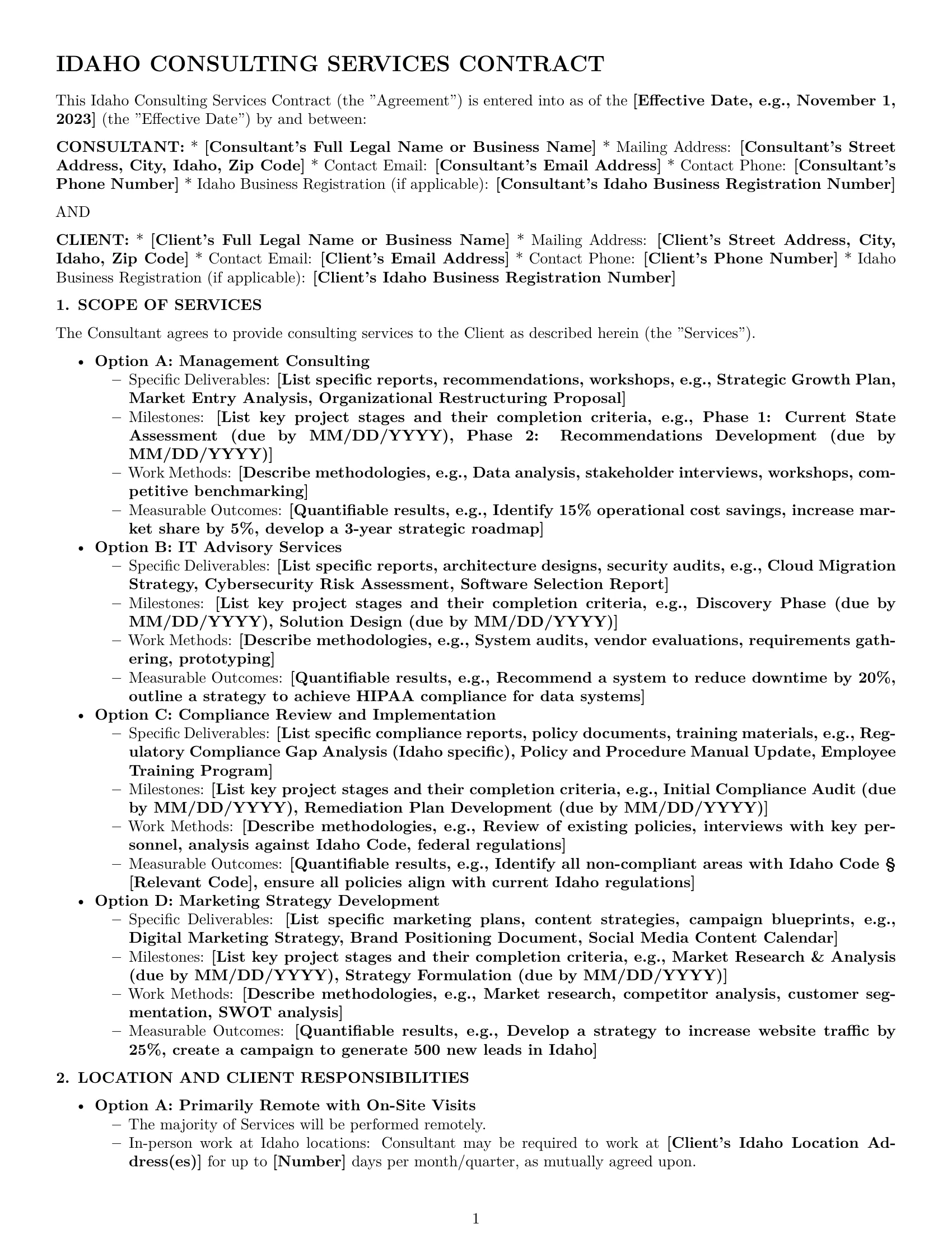 Preview page 1 of Pro Idaho consulting service contract template