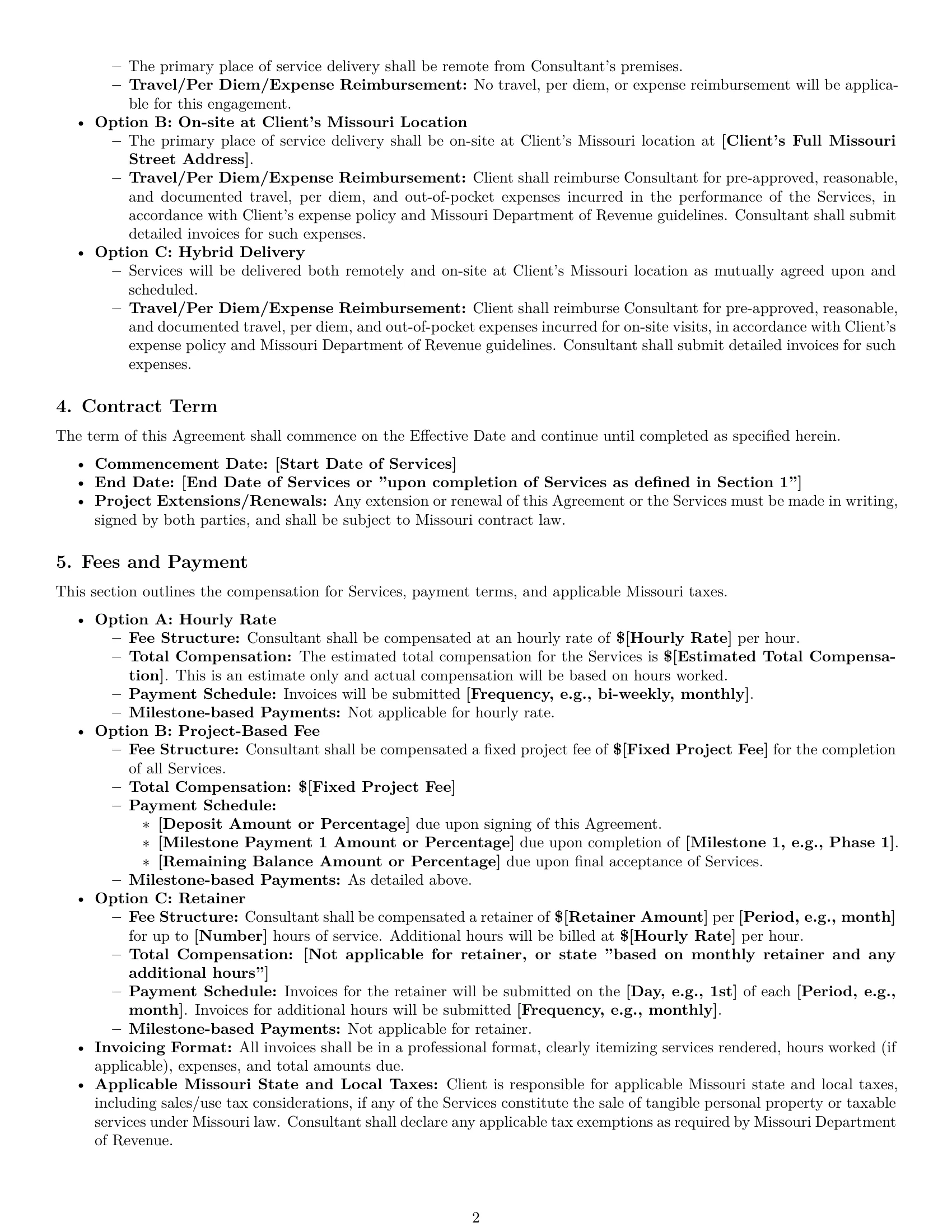 Preview page 2 of Pro Missouri consulting service contract template