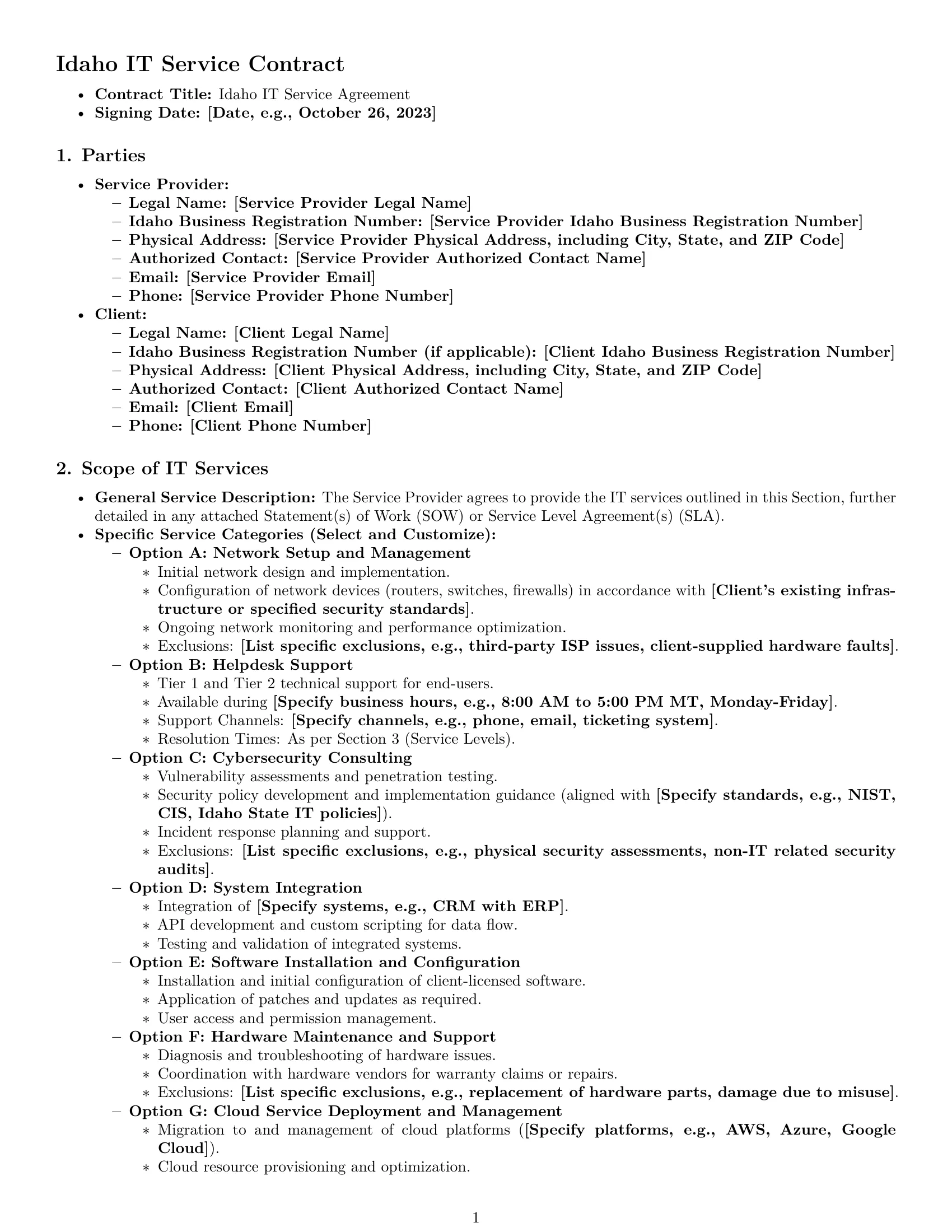 Preview page 1 of Pro Idaho IT service contract template