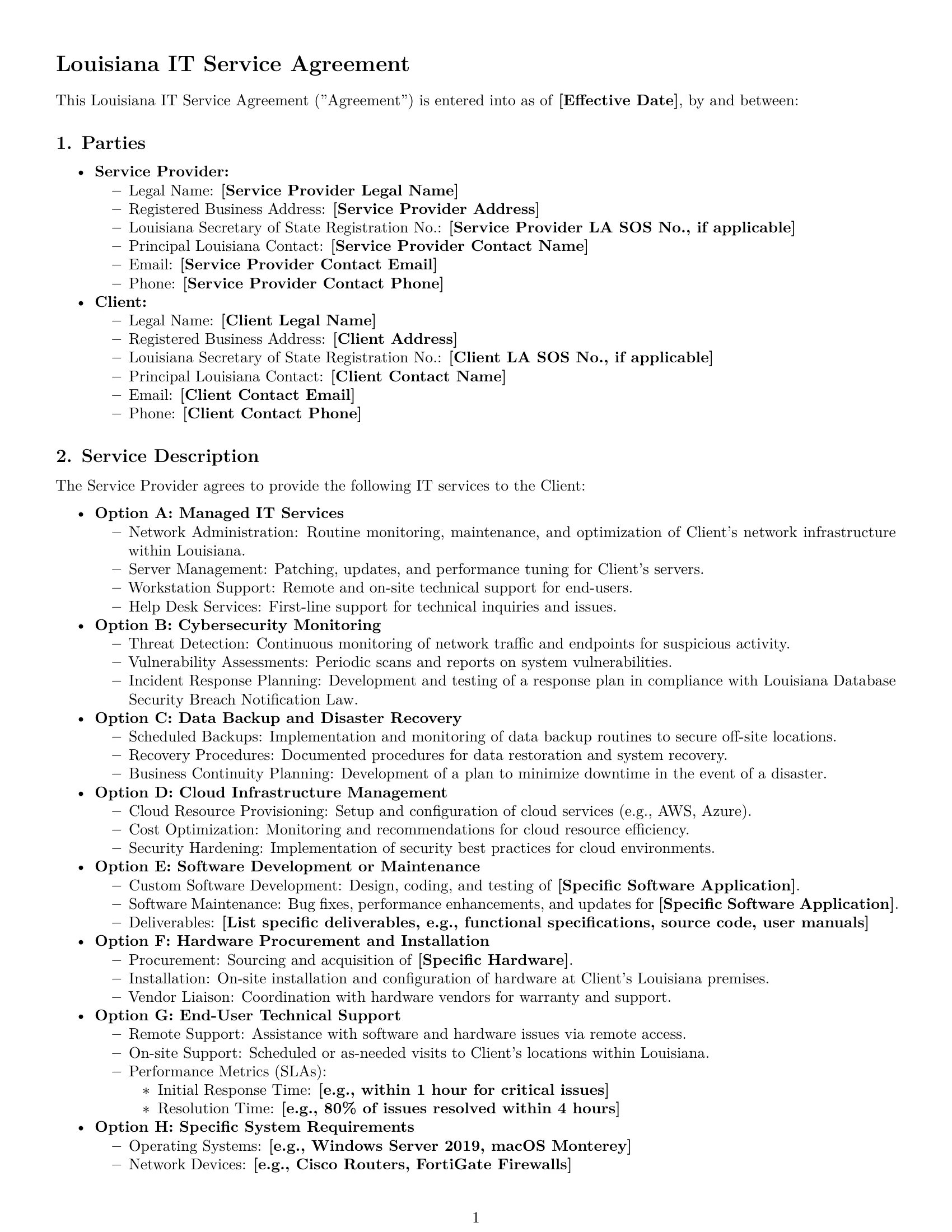 Preview page 1 of Pro Louisiana IT service contract template