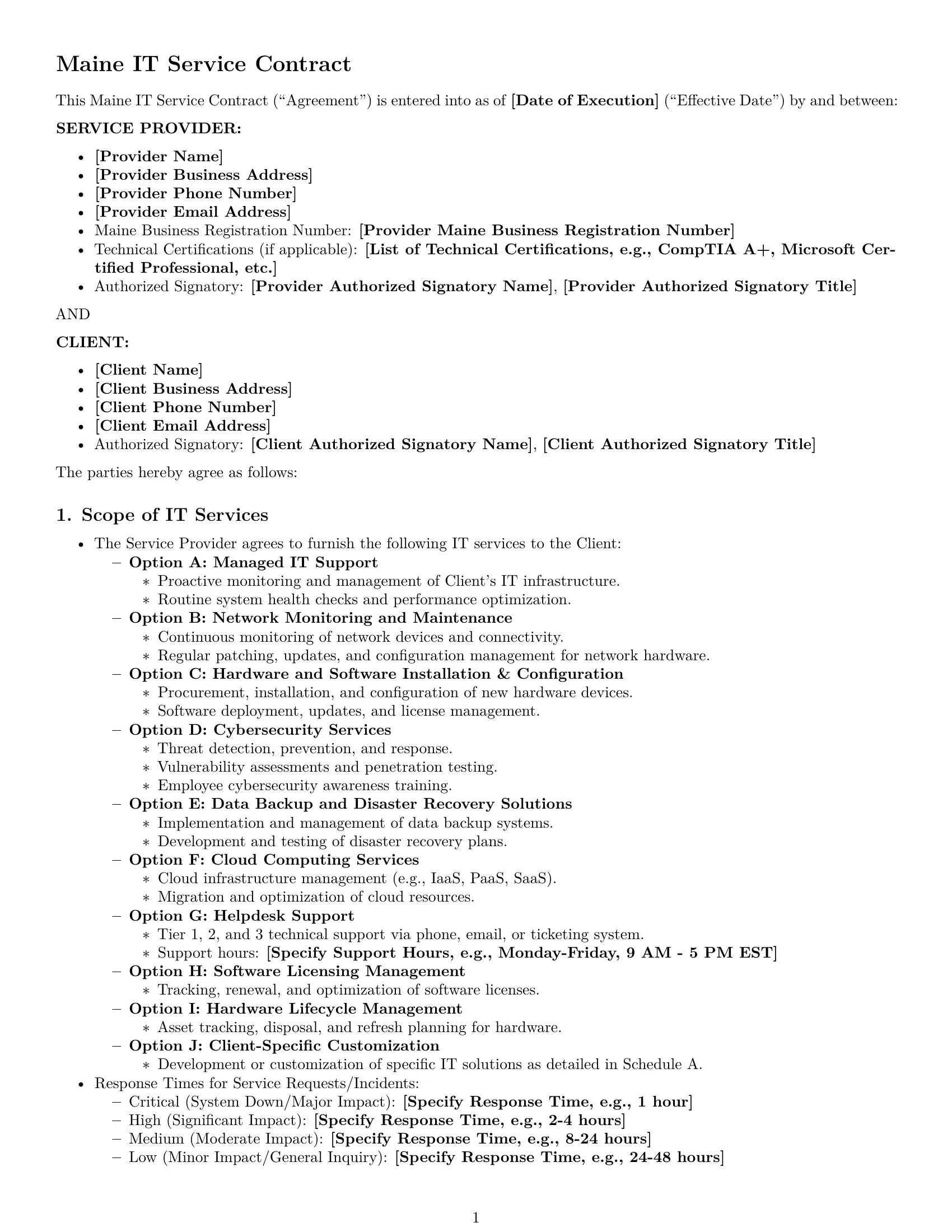 Preview page 1 of Pro Maine IT service contract template