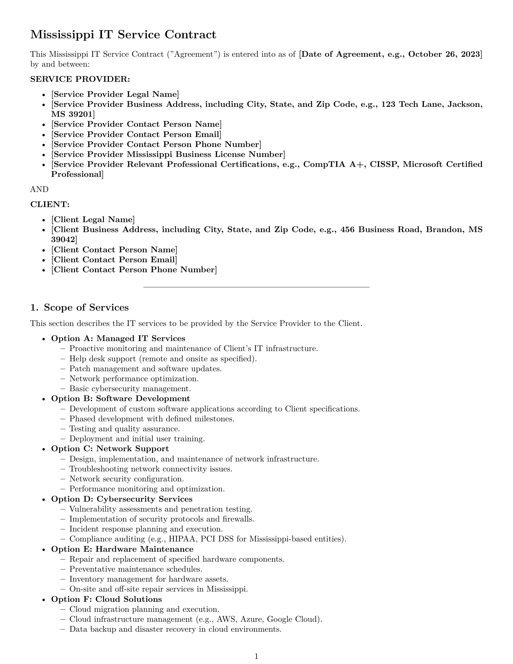 Preview page 1 of Pro Mississippi IT service contract template