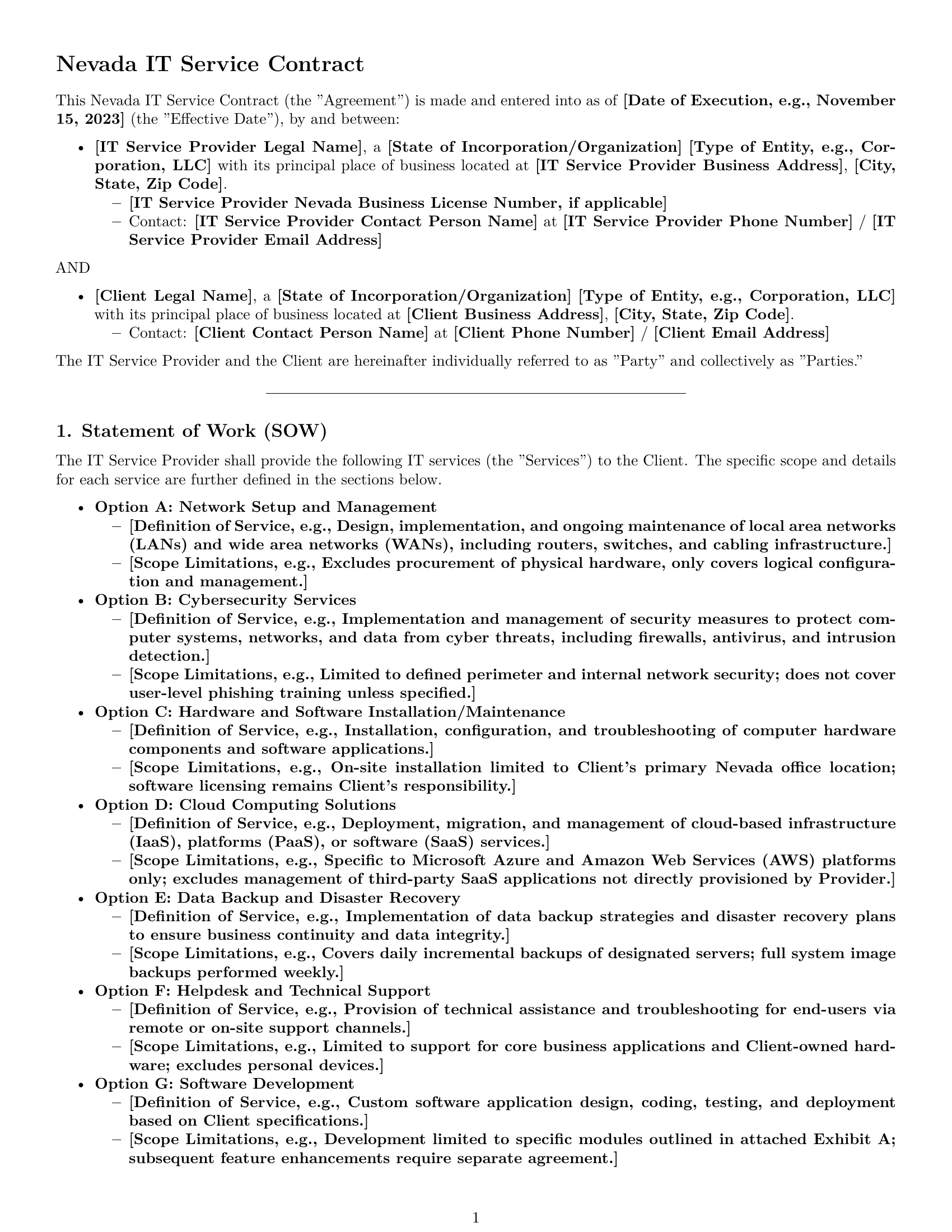 Preview page 1 of Pro Nevada IT service contract template