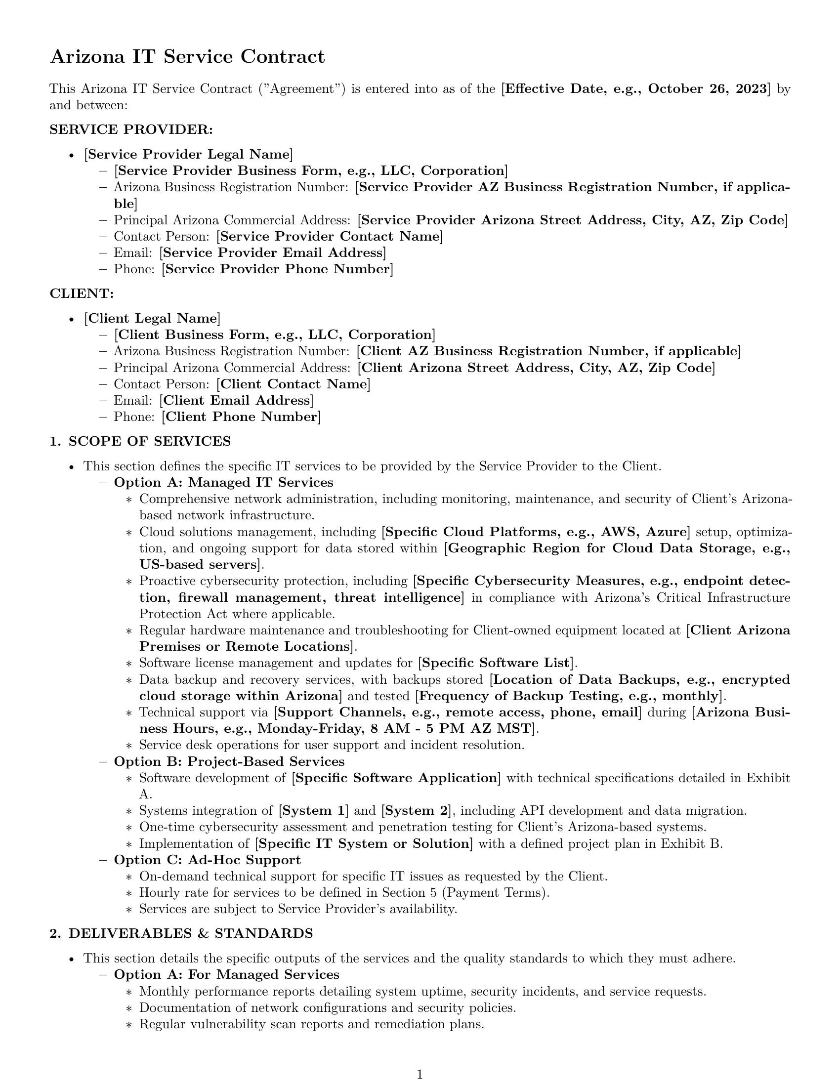 Preview page 1 of Pro Arizona IT service contract template