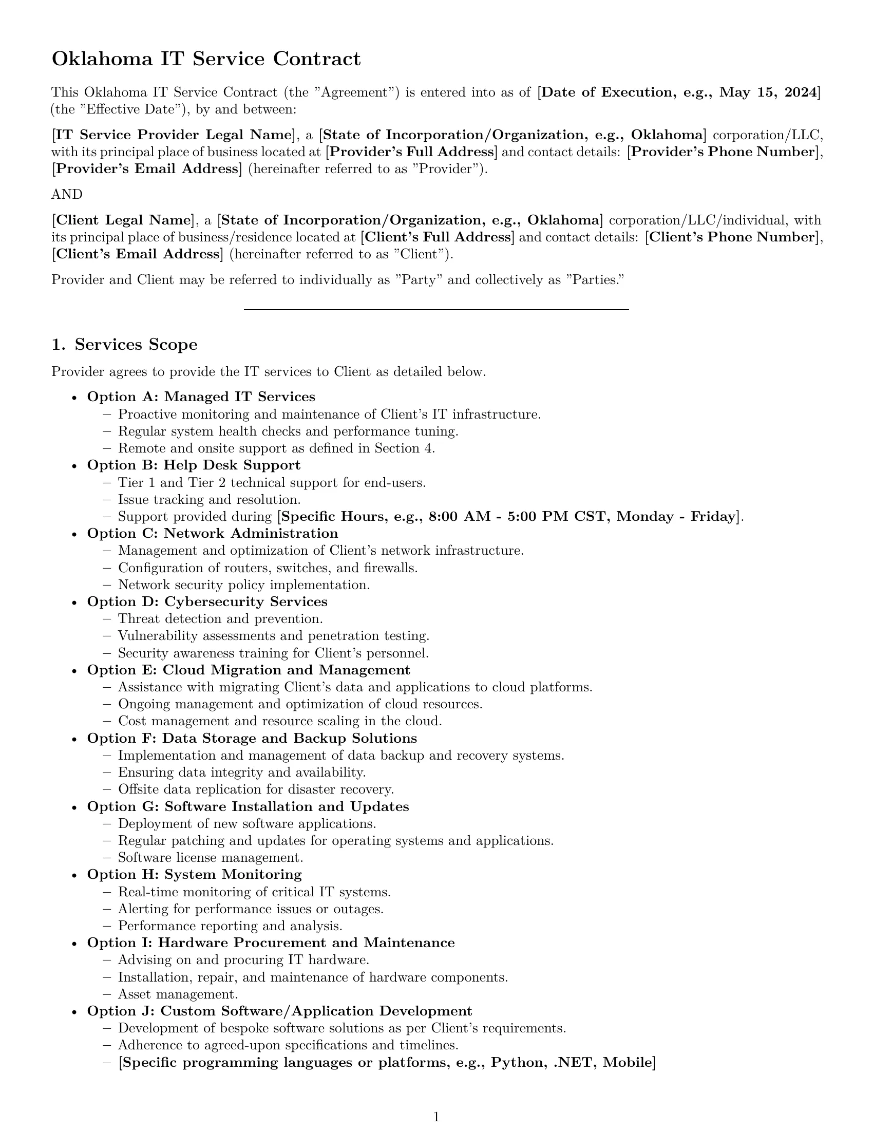 Preview page 1 of Pro Oklahoma IT service contract template