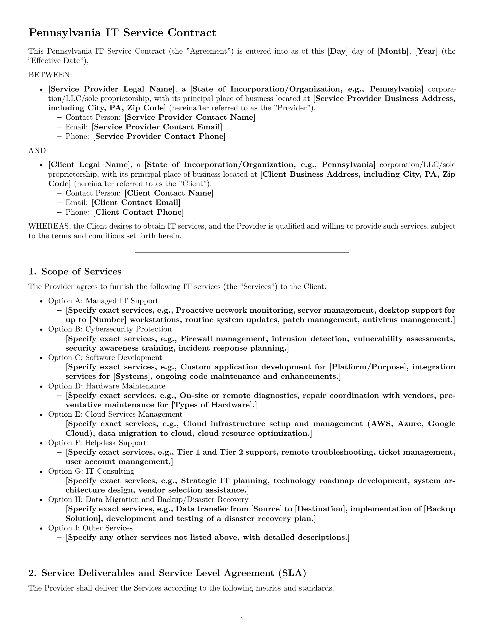 Preview page 1 of Pro Pennsylvania IT service contract template