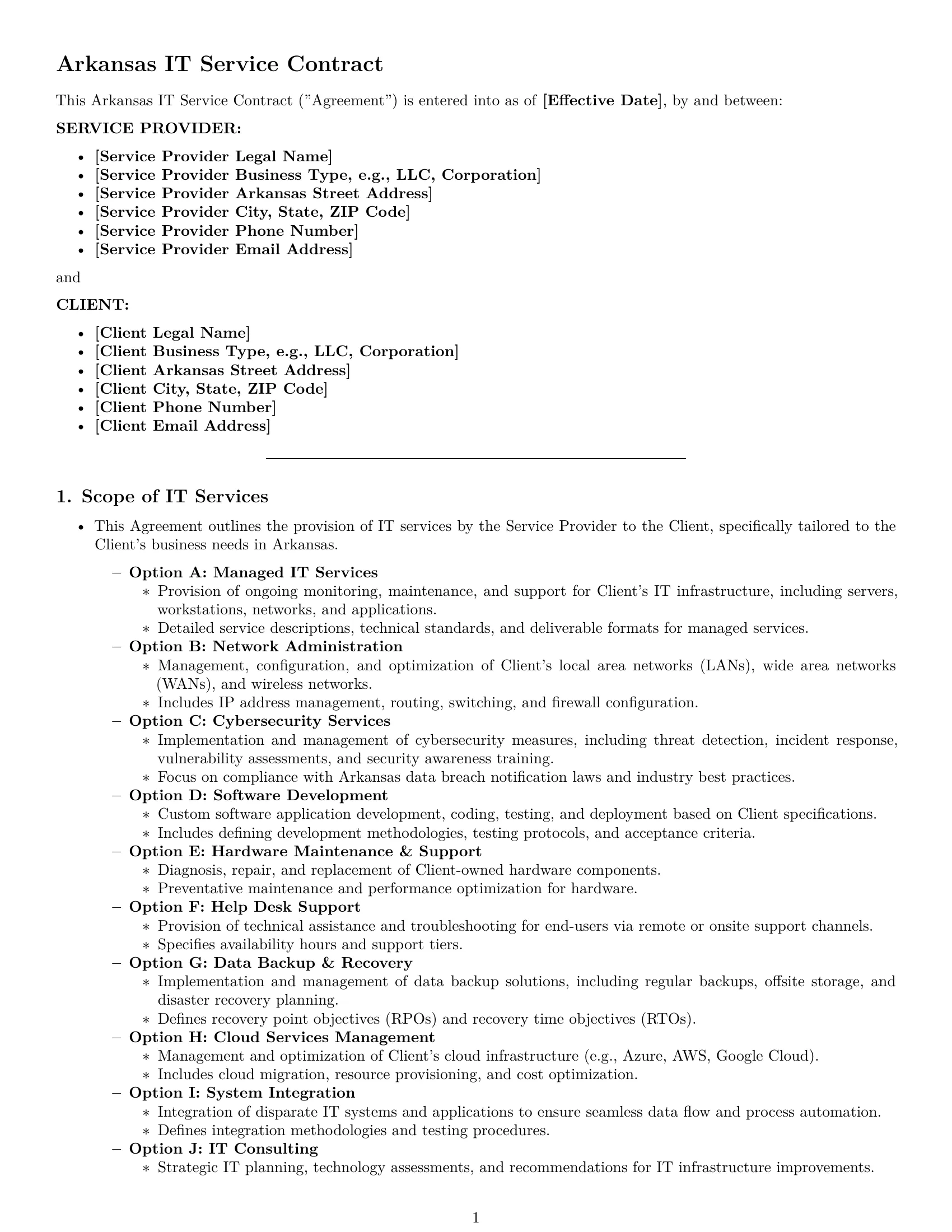 Preview page 1 of Pro Arkansas IT service contract template