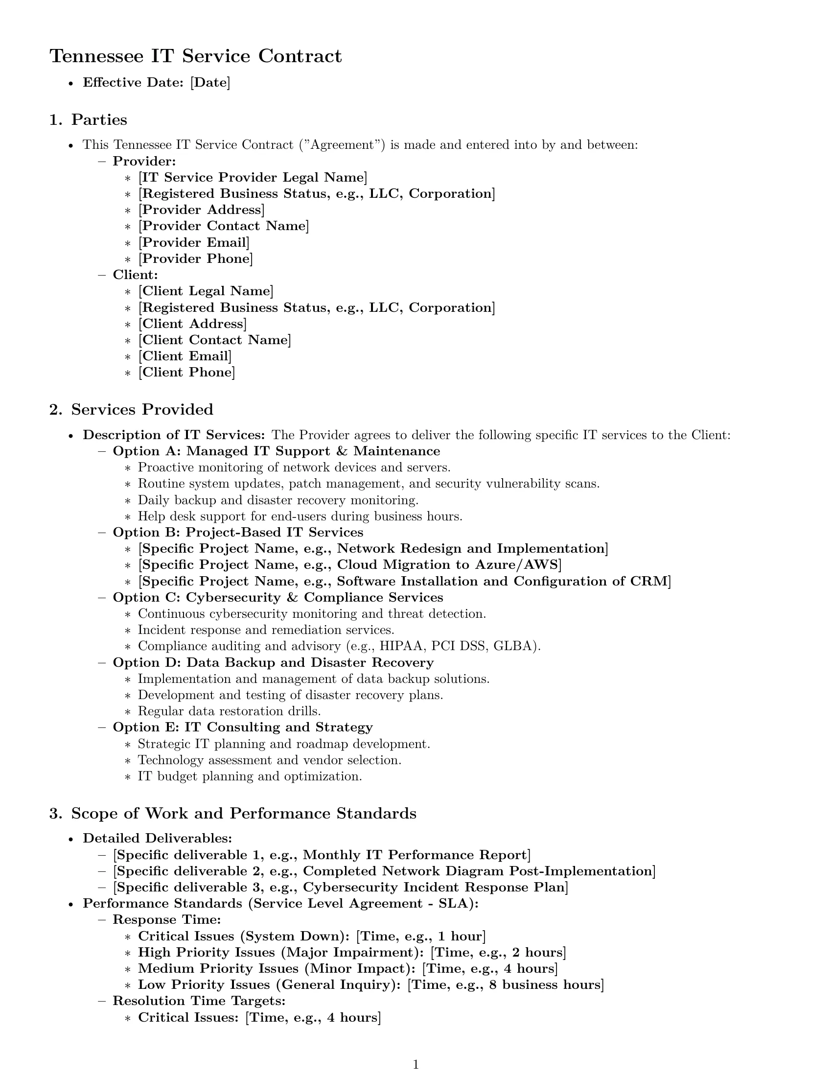 Preview page 1 of Pro Tennessee IT service contract template