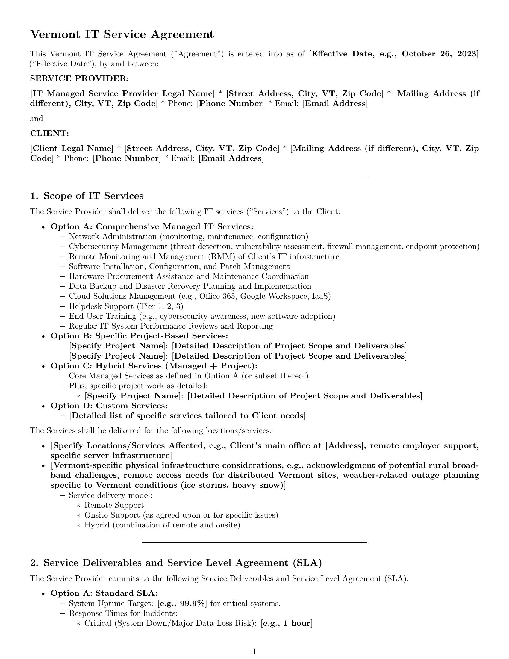Preview page 1 of Pro Vermont IT service contract template