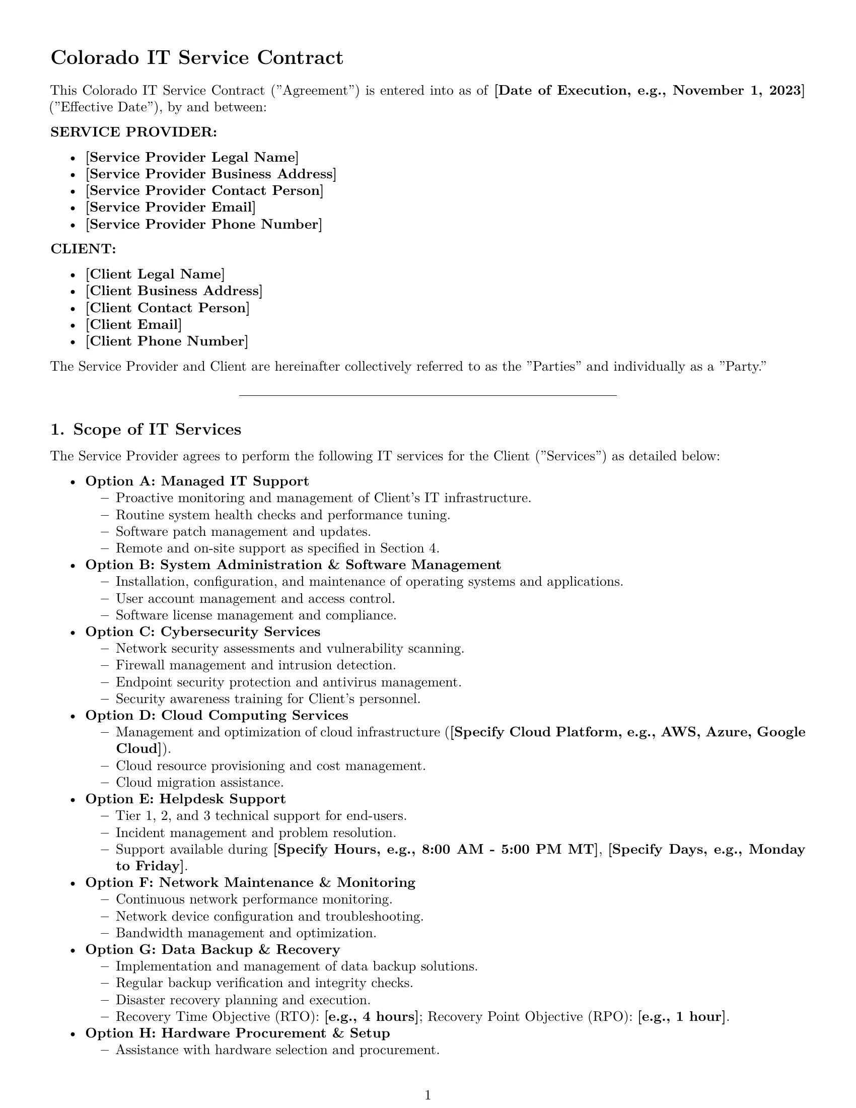 Preview page 1 of Pro Colorado IT service contract template