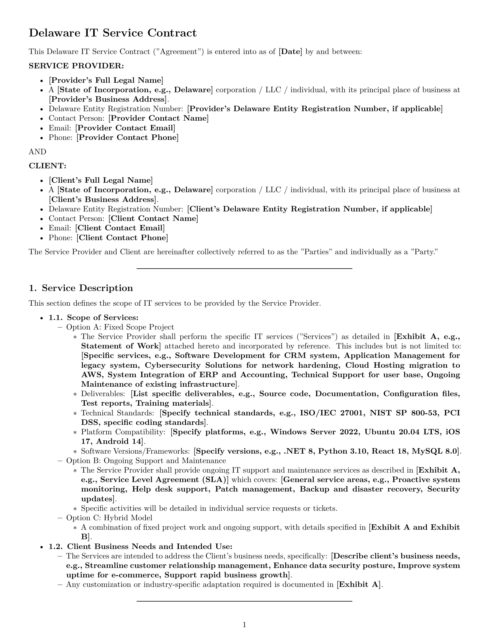 Preview page 1 of Pro Delaware IT service contract template