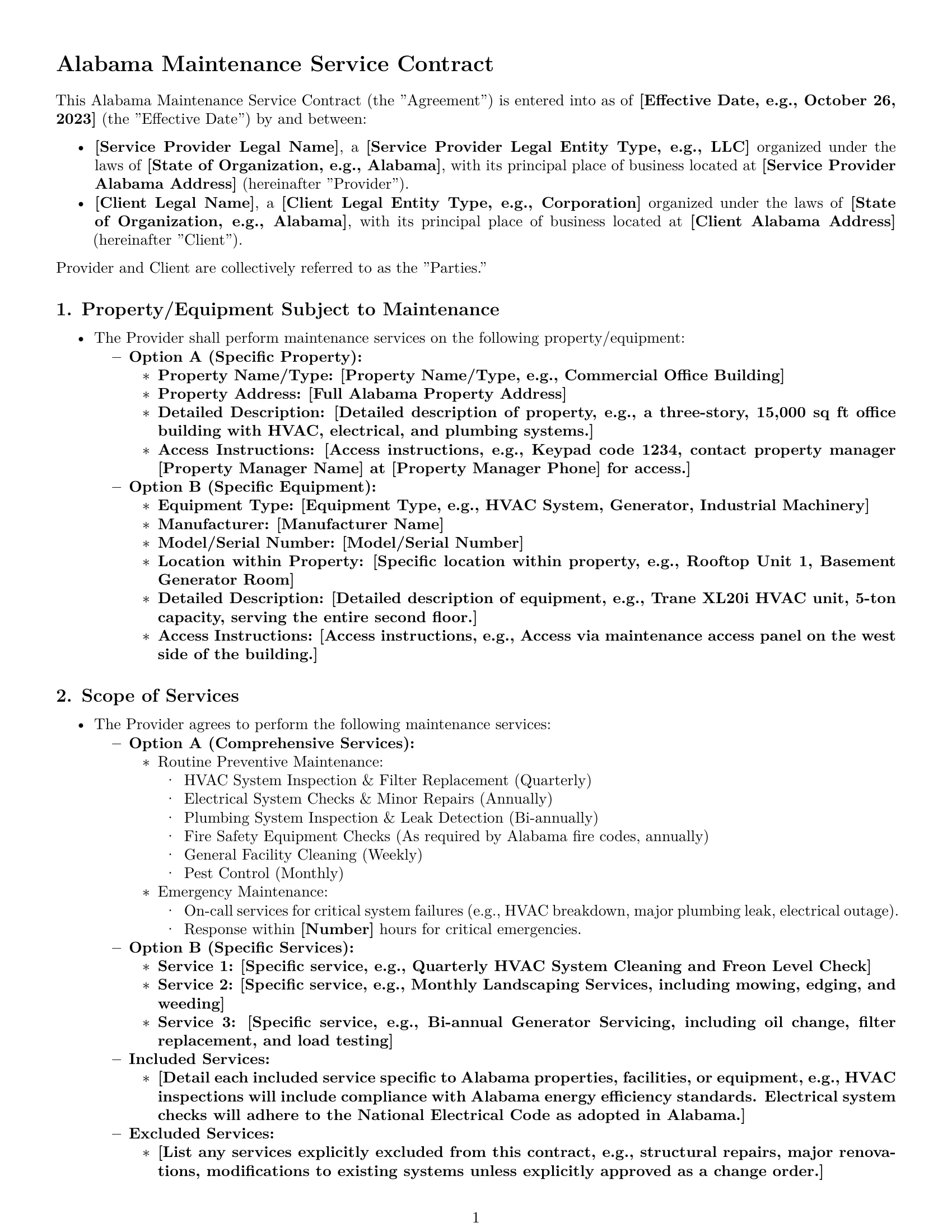 Preview page 1 of Pro Alabama maintenance service contract template