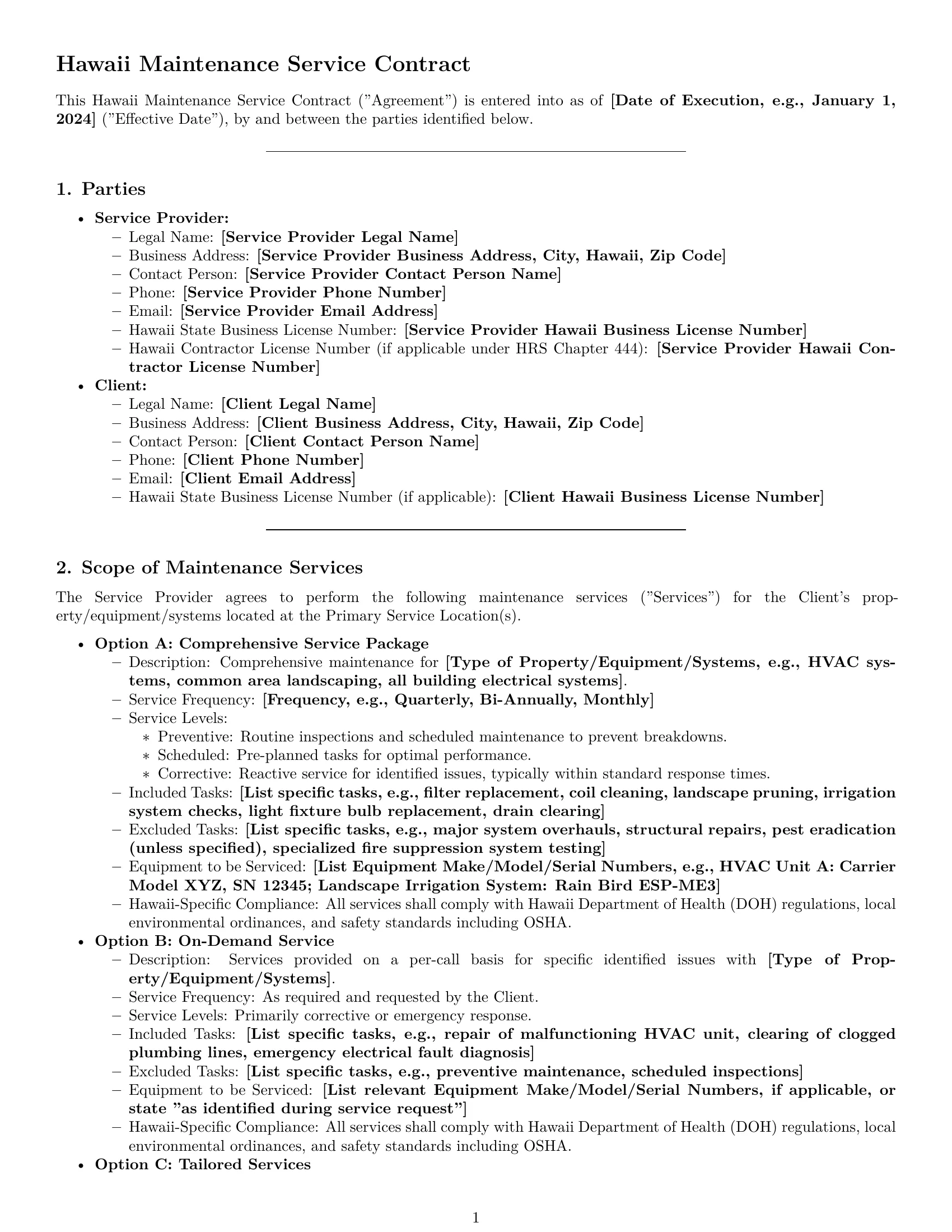 Preview page 1 of Pro Hawaii maintenance service contract template