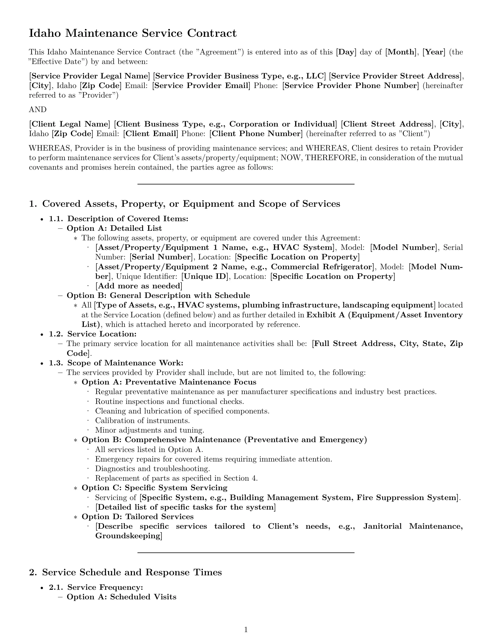 Preview page 1 of Pro Idaho maintenance service contract template