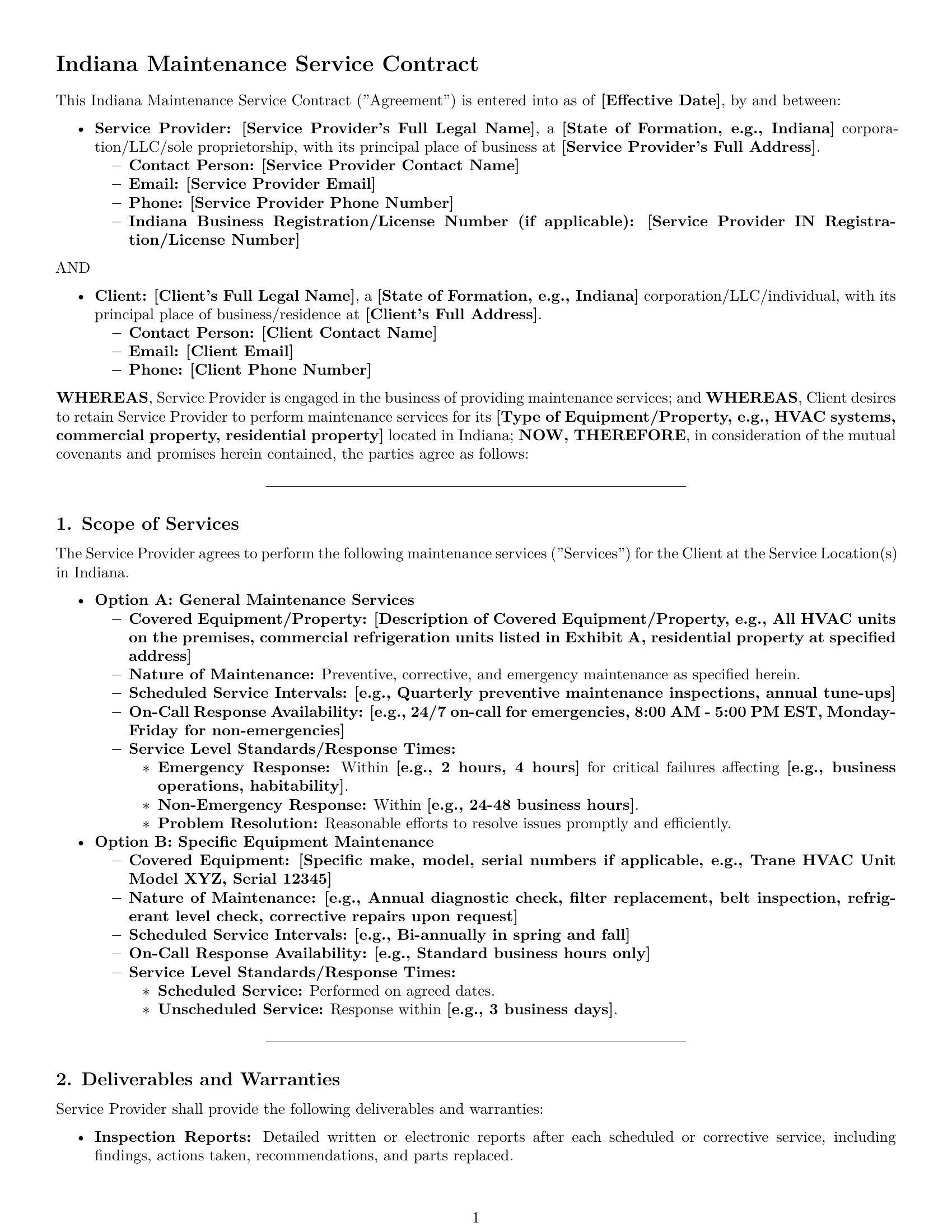 Preview page 1 of Pro Indiana maintenance service contract template