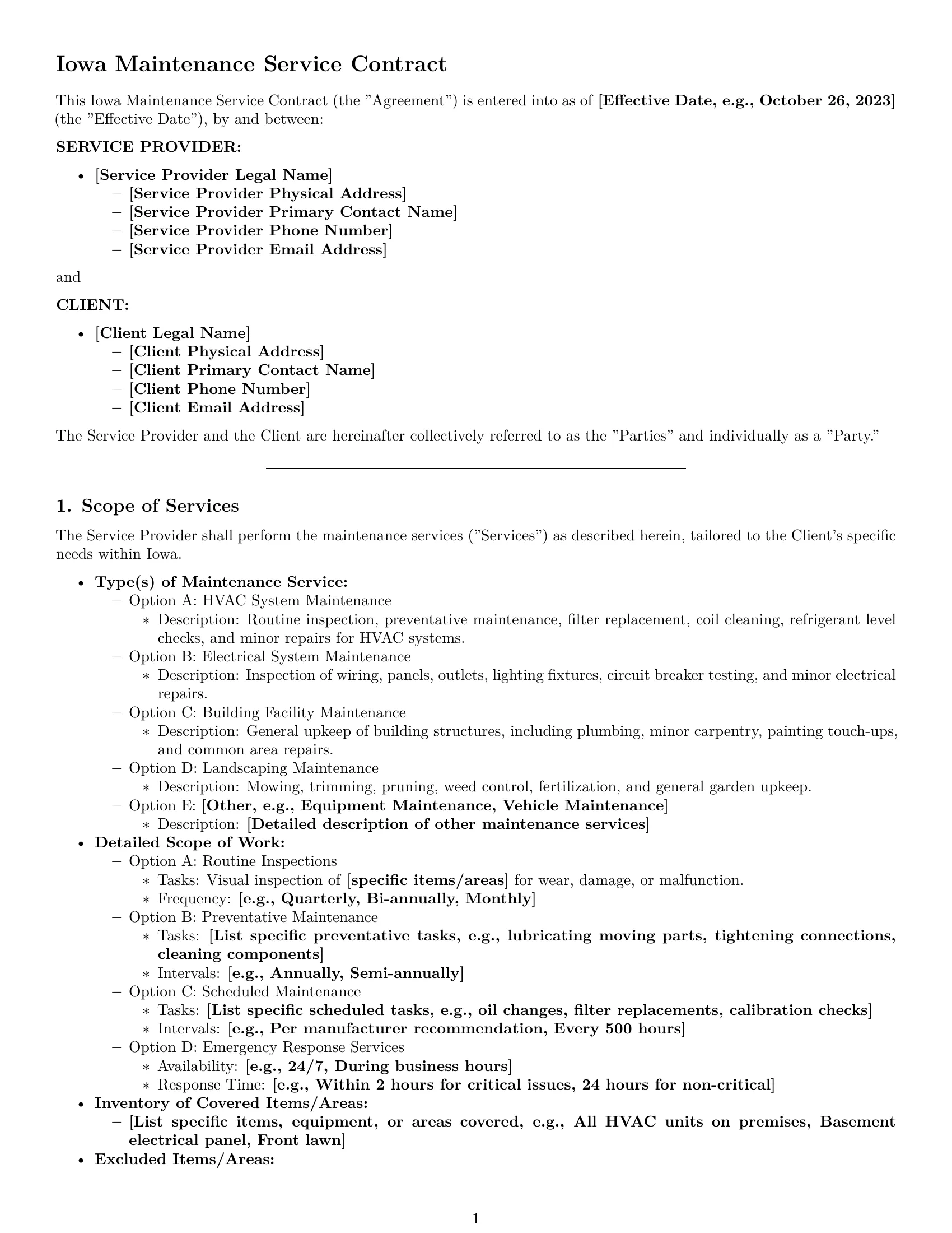 Preview page 1 of Pro Iowa maintenance service contract template