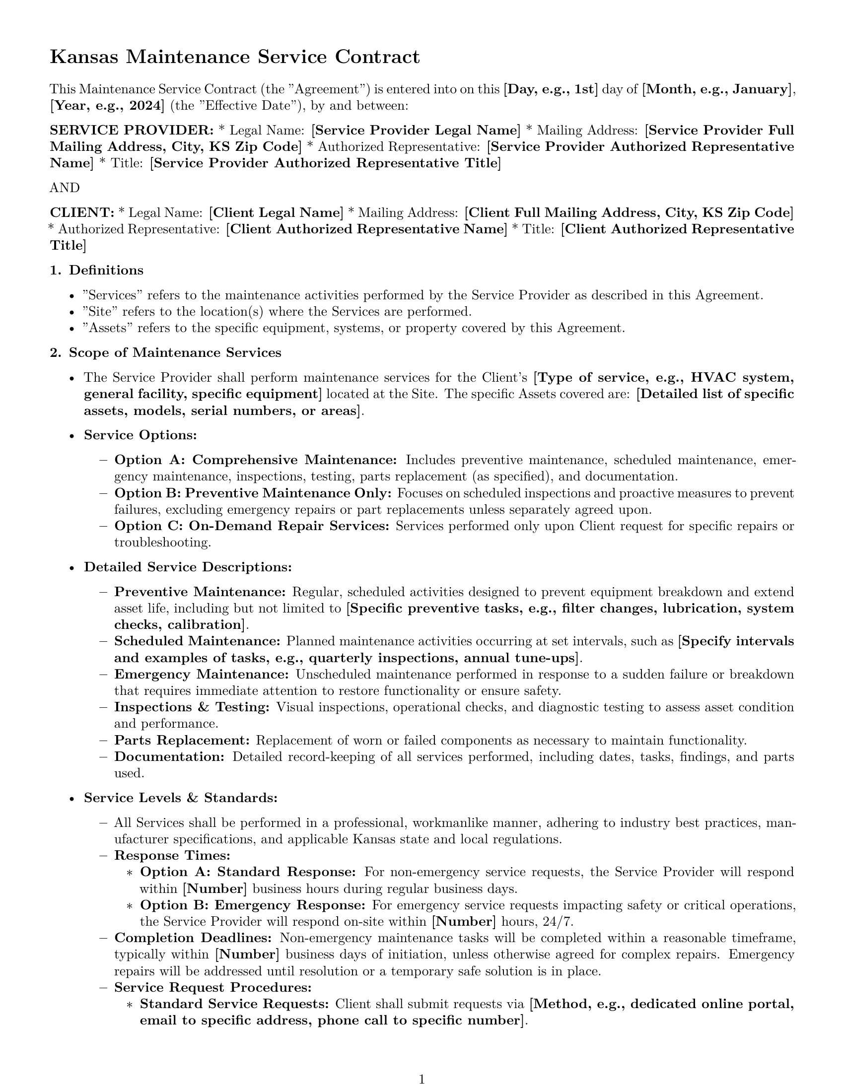 Preview page 1 of Pro Kansas maintenance service contract template