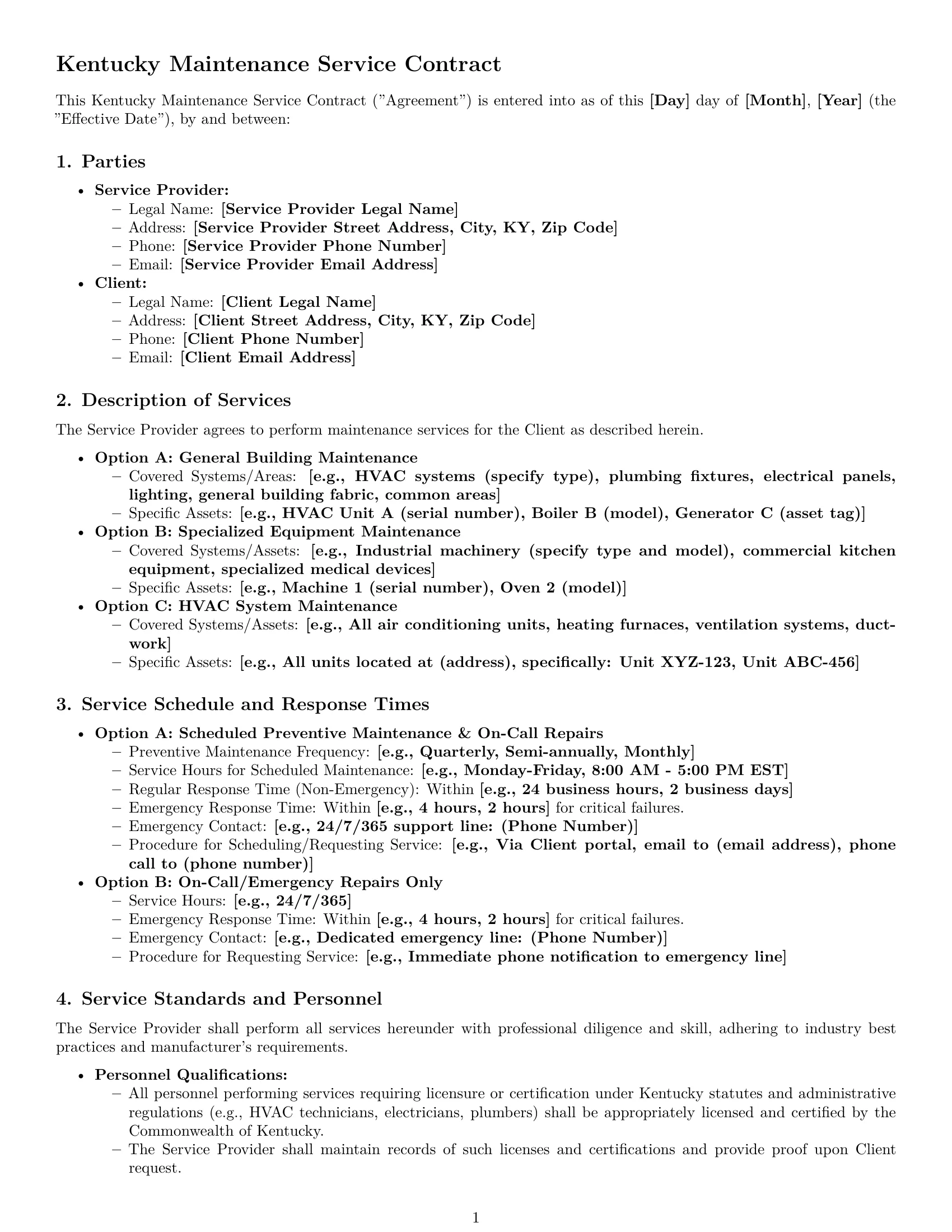 Preview page 1 of Pro Kentucky maintenance service contract template