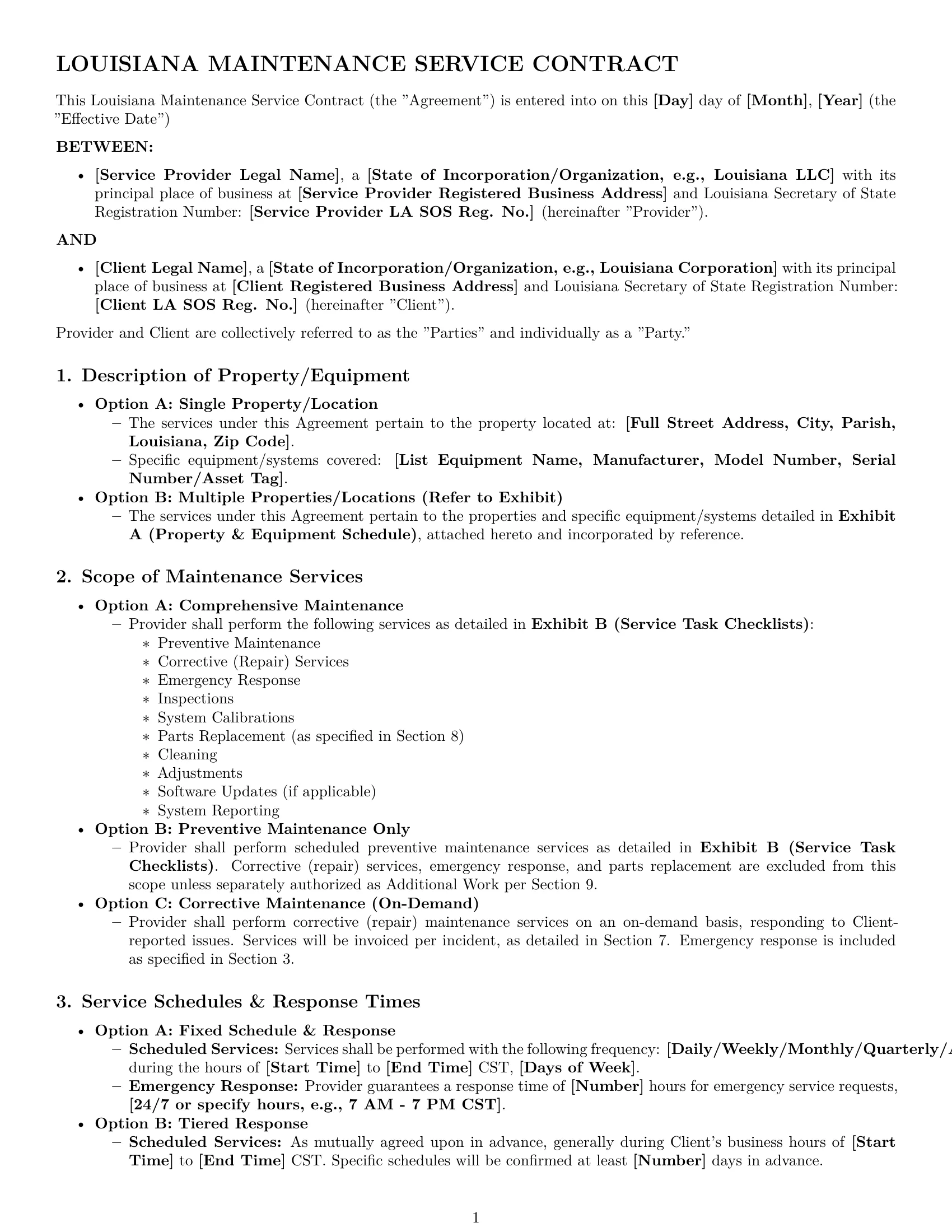 Preview page 1 of Pro Louisiana maintenance service contract template