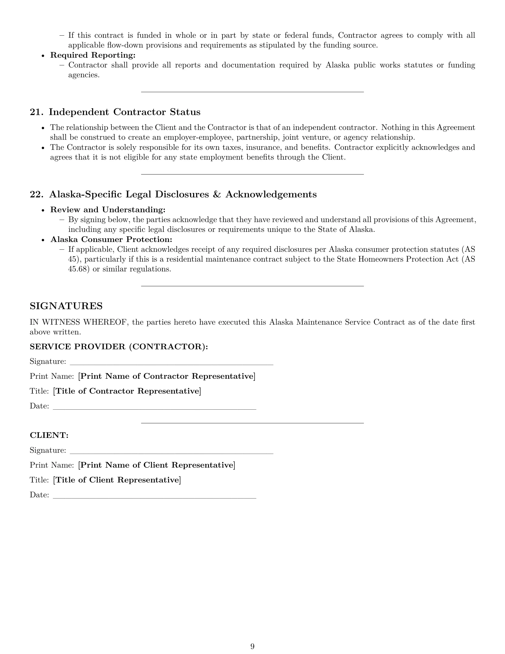 Preview page 9 of Pro Alaska maintenance service contract template