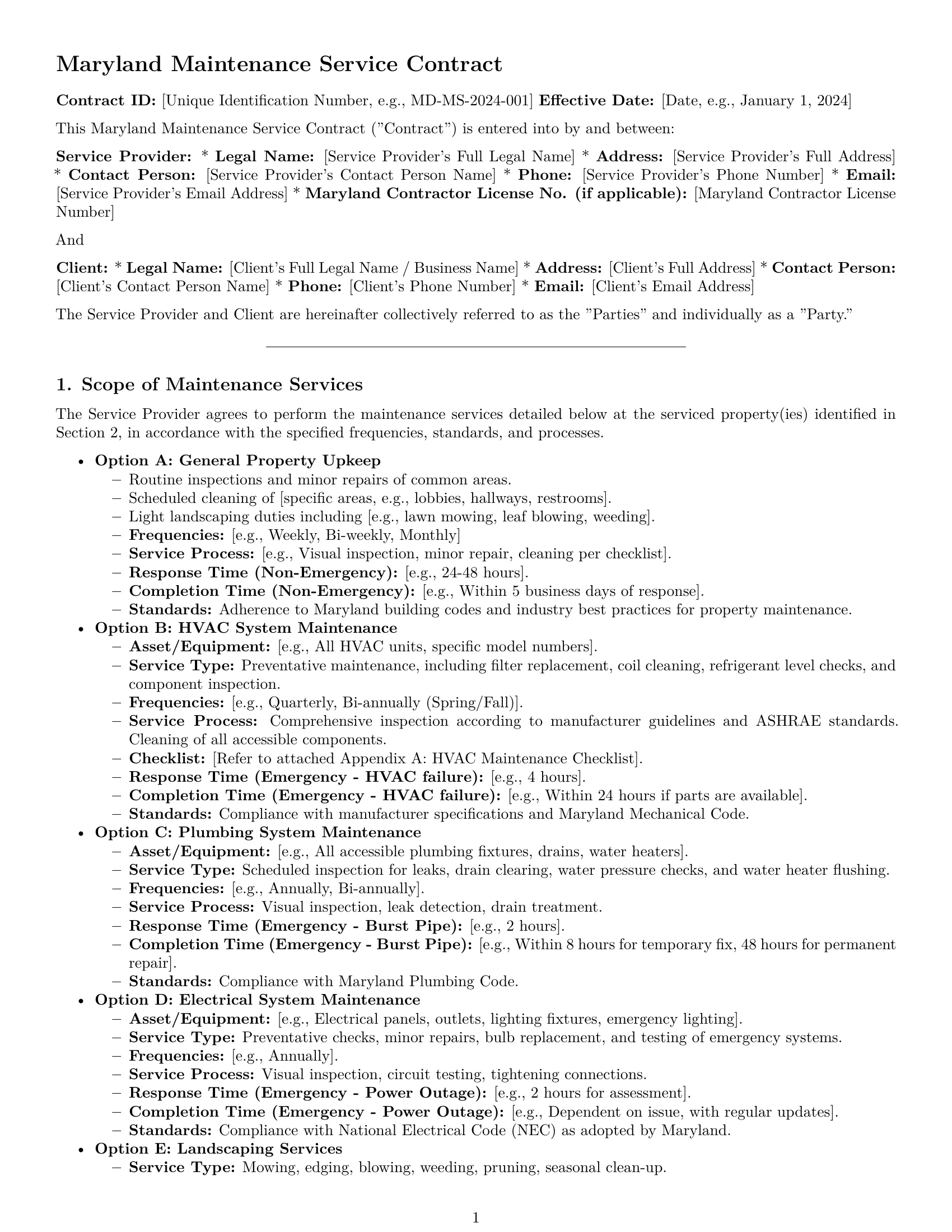 Preview page 1 of Pro Maryland maintenance service contract template