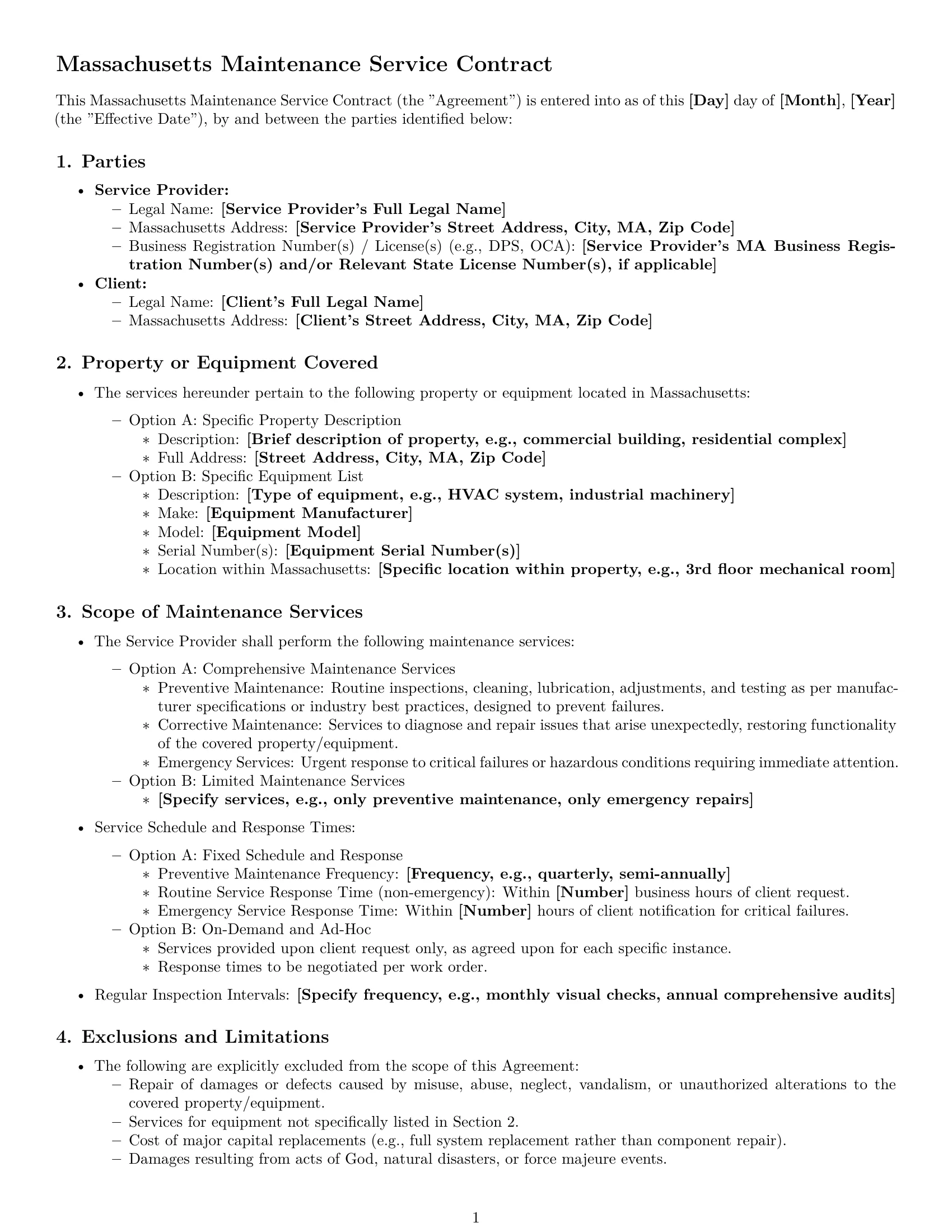Preview page 1 of Pro Massachusetts maintenance service contract template