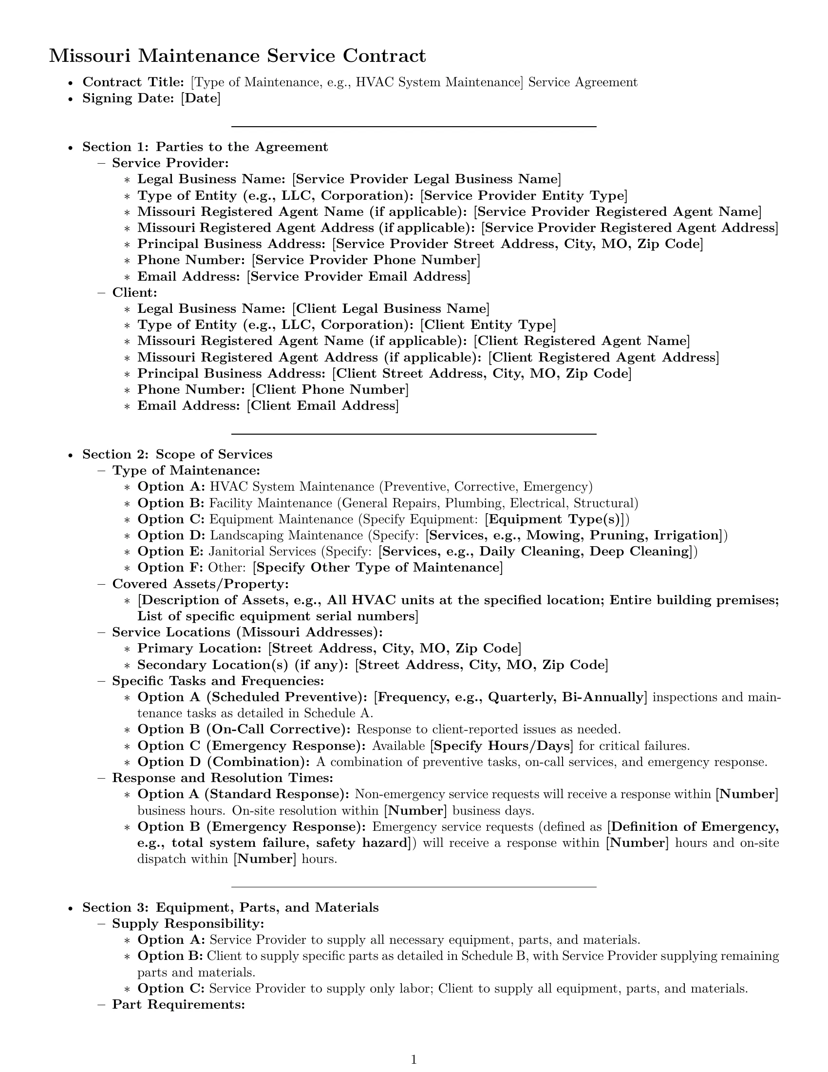 Preview page 1 of Pro Missouri maintenance service contract template