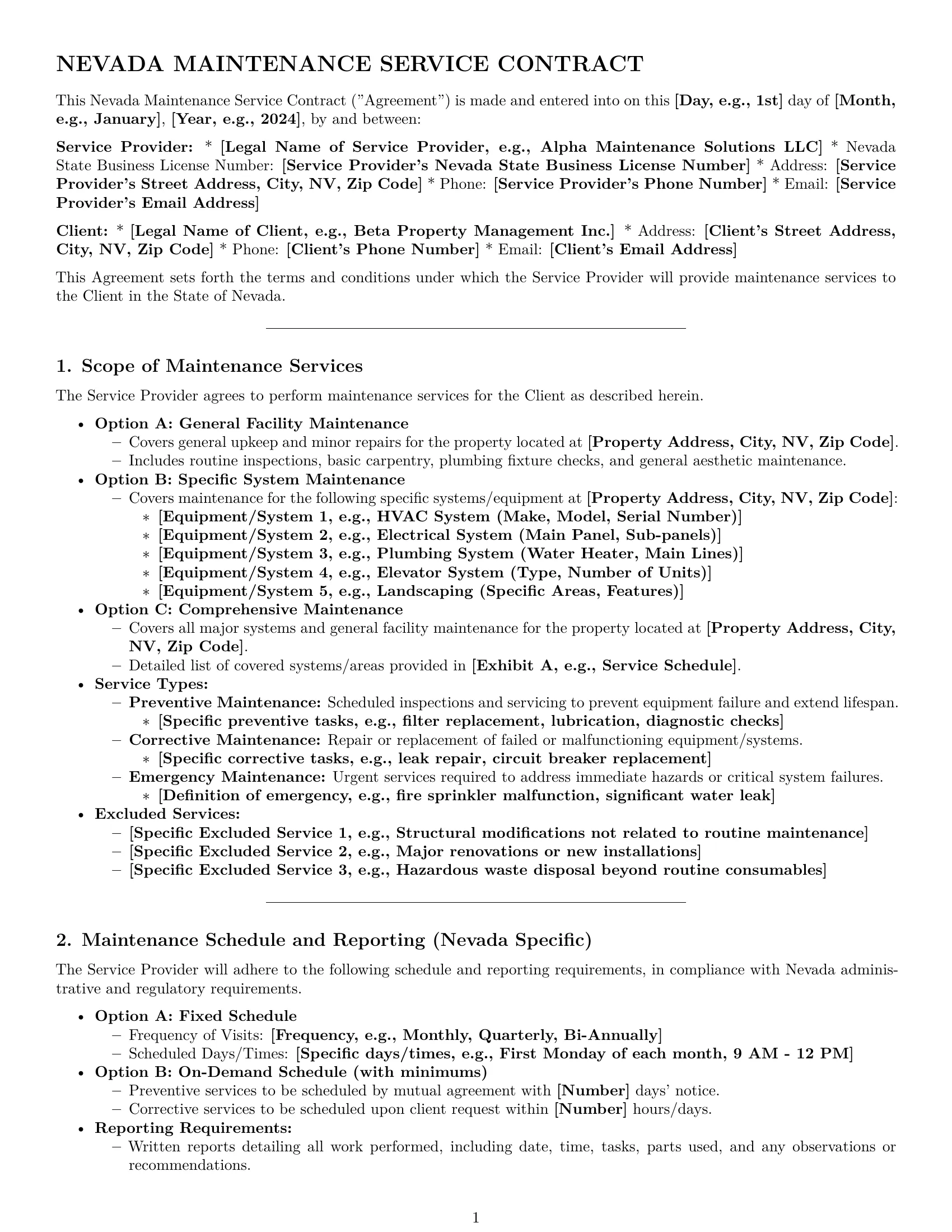 Preview page 1 of Pro Nevada maintenance service contract template