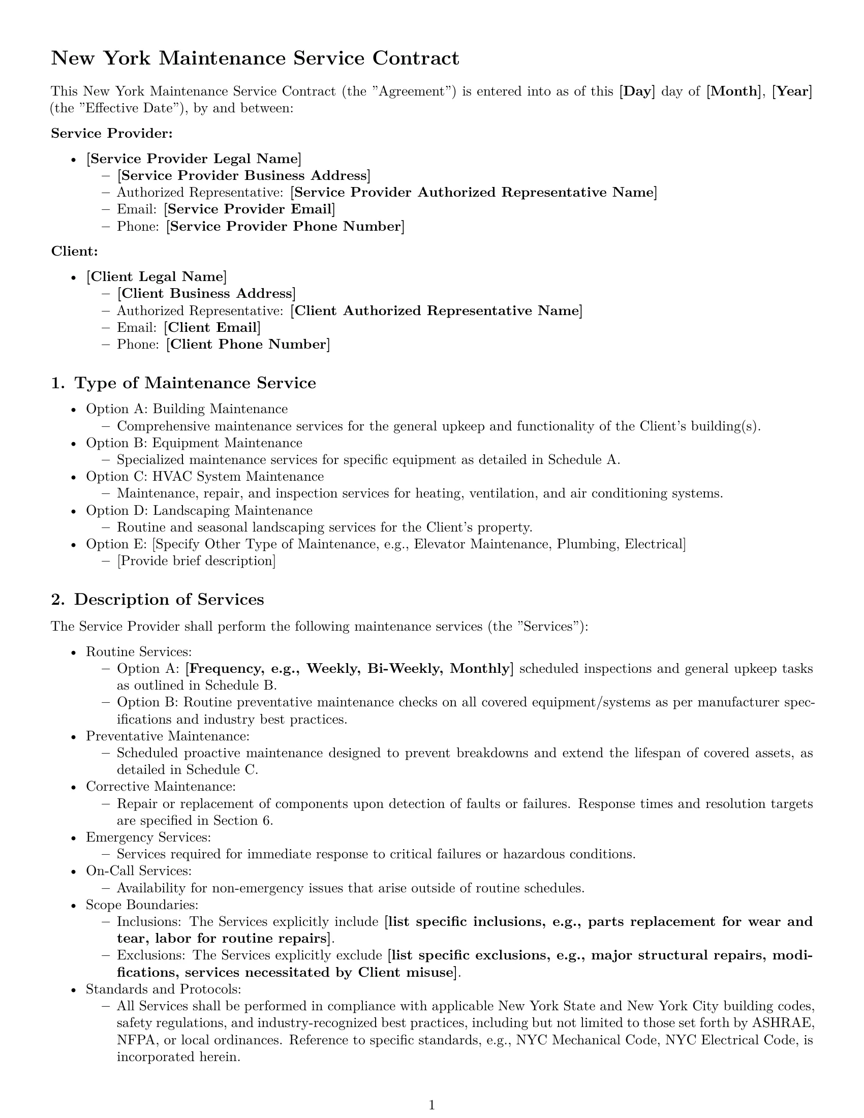 Preview page 1 of Pro New York maintenance service contract template