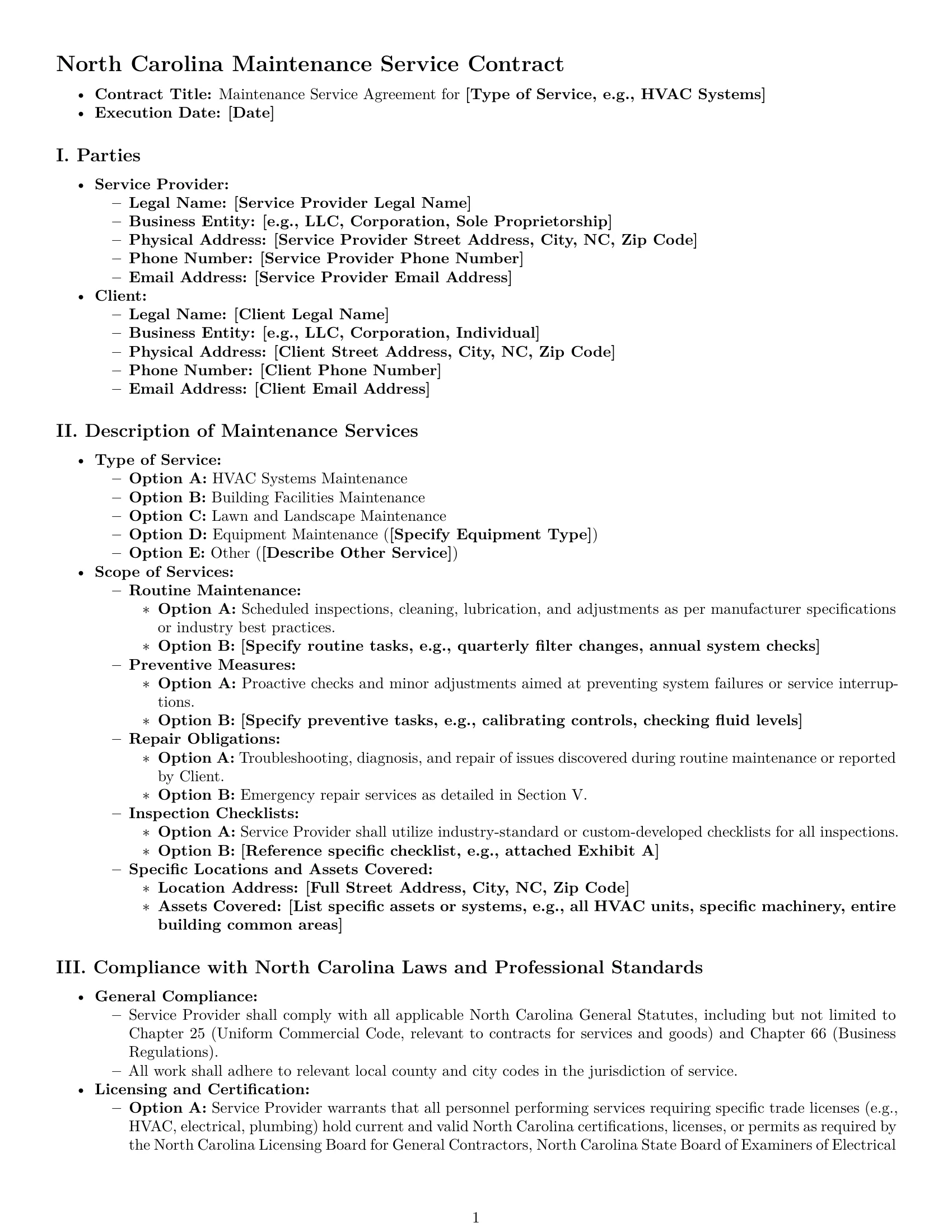 Preview page 1 of Pro North Carolina maintenance service contract template