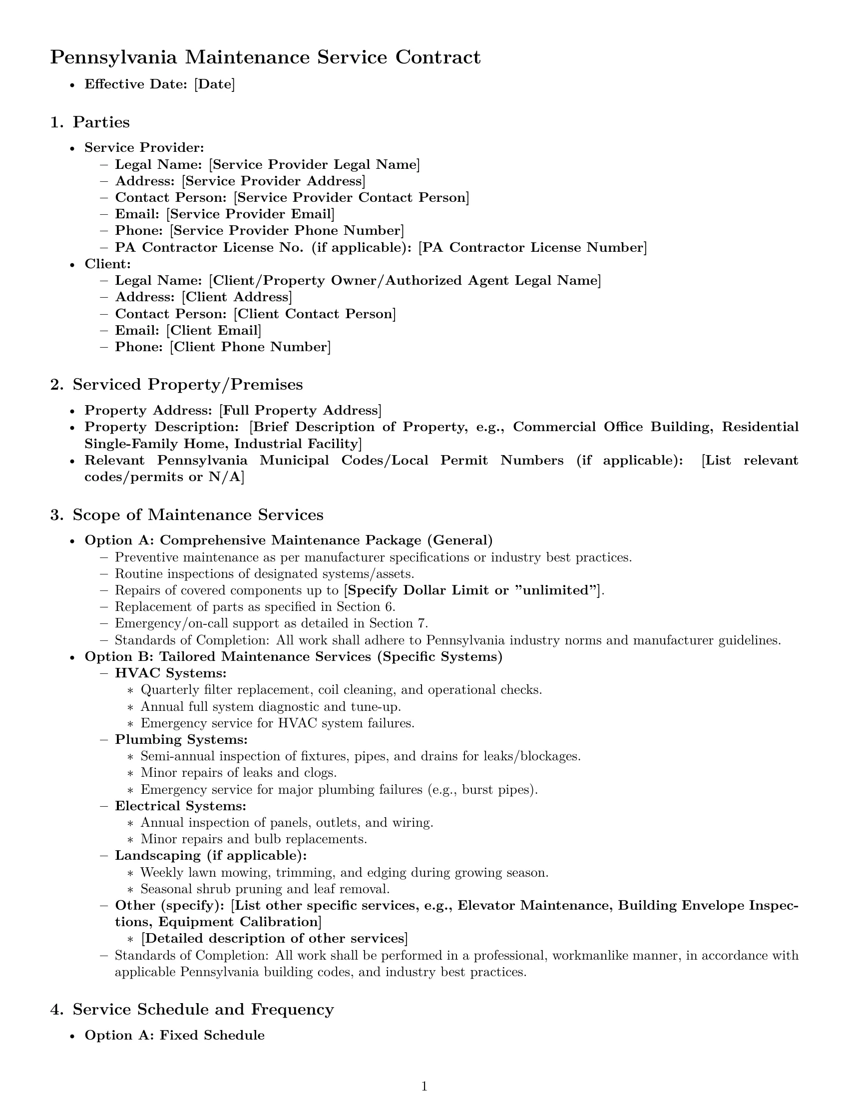Preview page 1 of Pro Pennsylvania maintenance service contract template