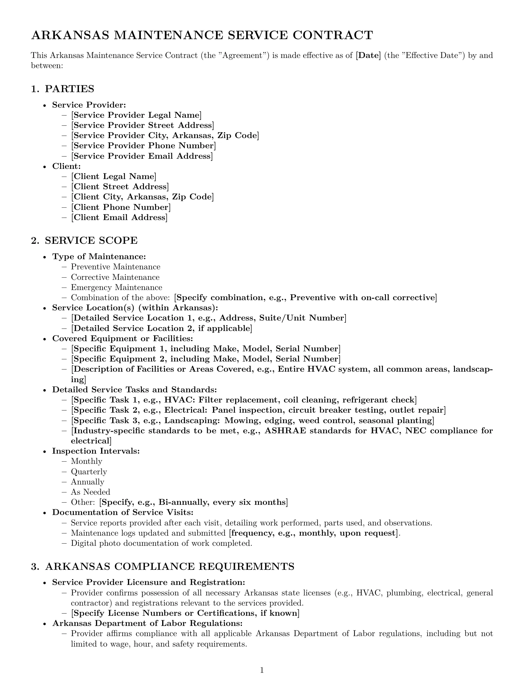 Preview page 1 of Pro Arkansas maintenance service contract template