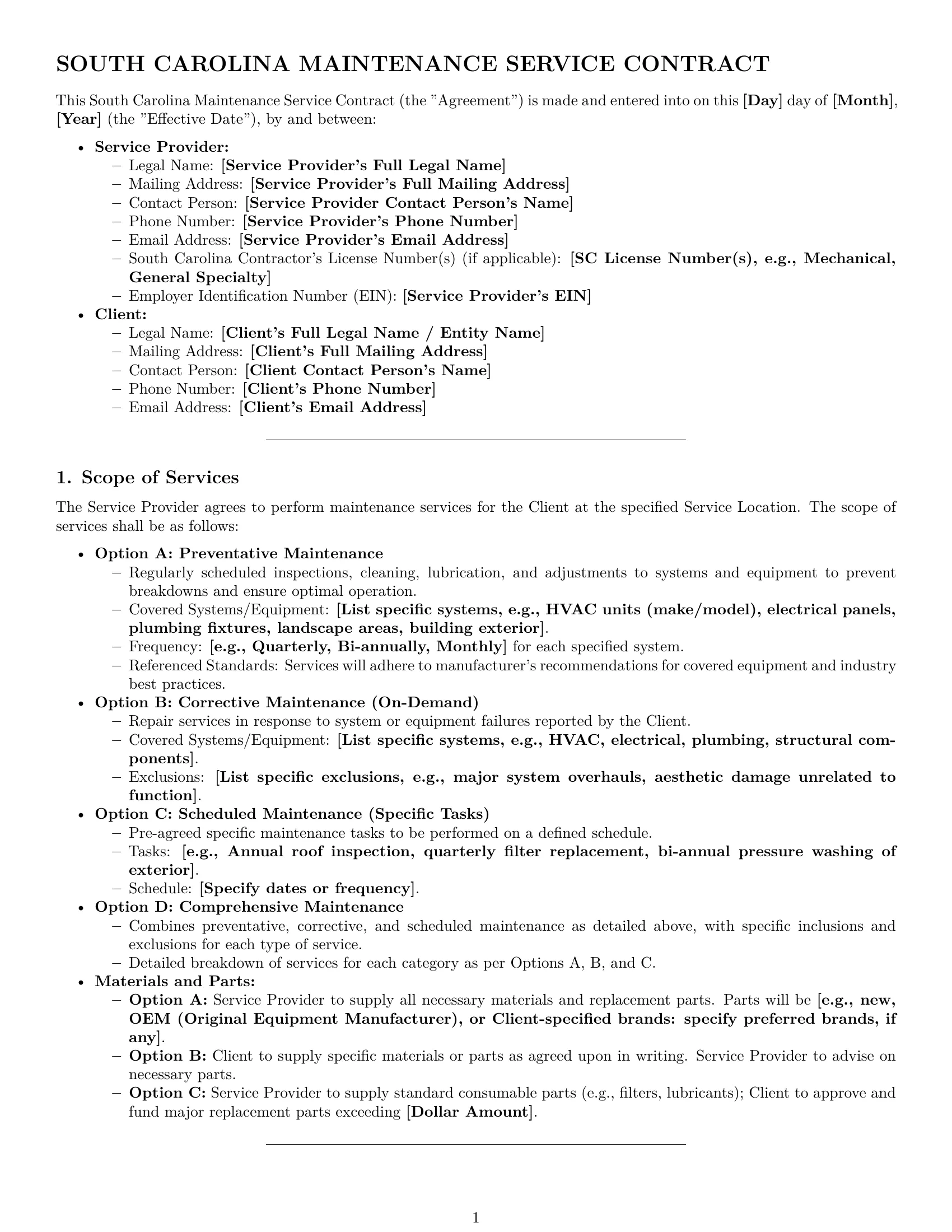 Preview page 1 of Pro South Carolina maintenance service contract template