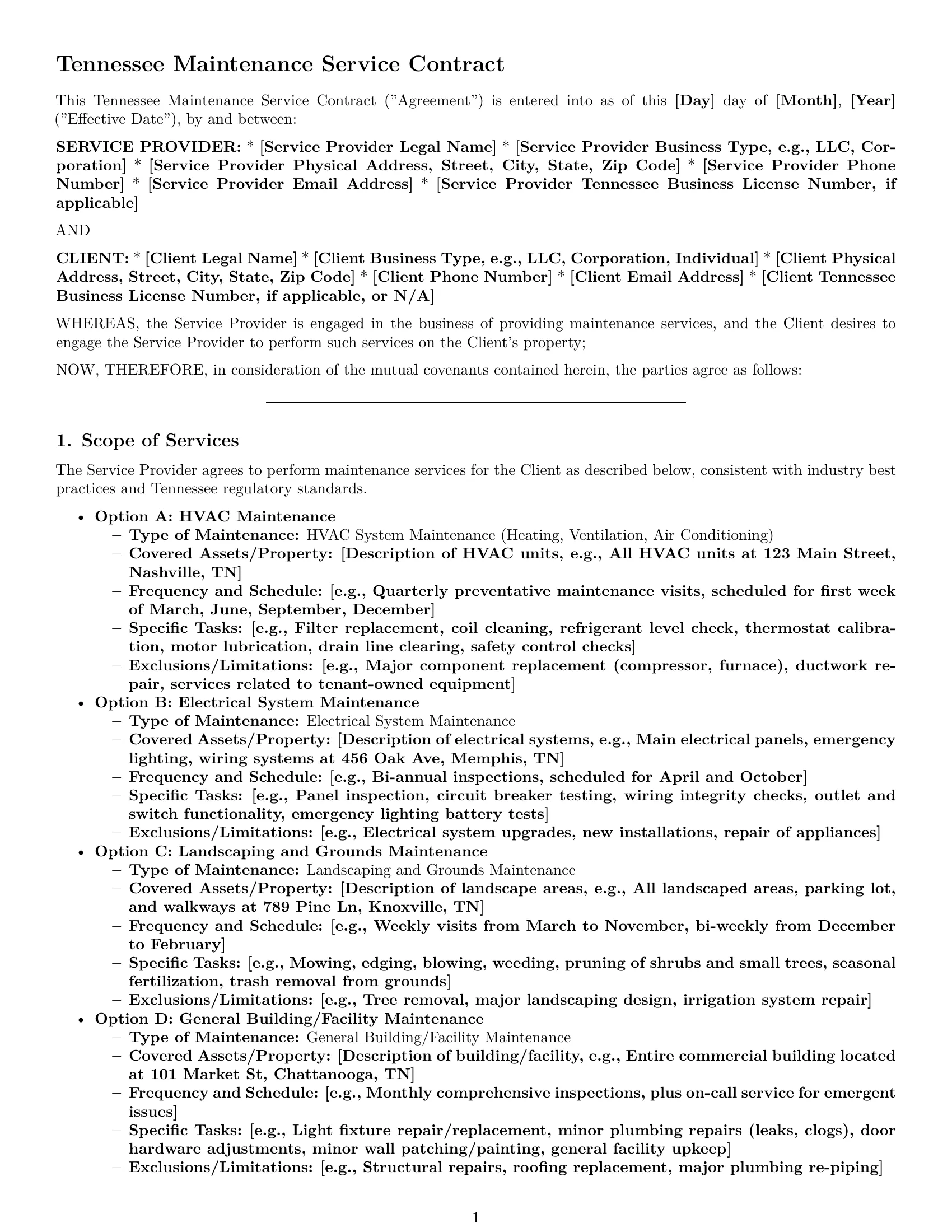 Preview page 1 of Pro Tennessee maintenance service contract template