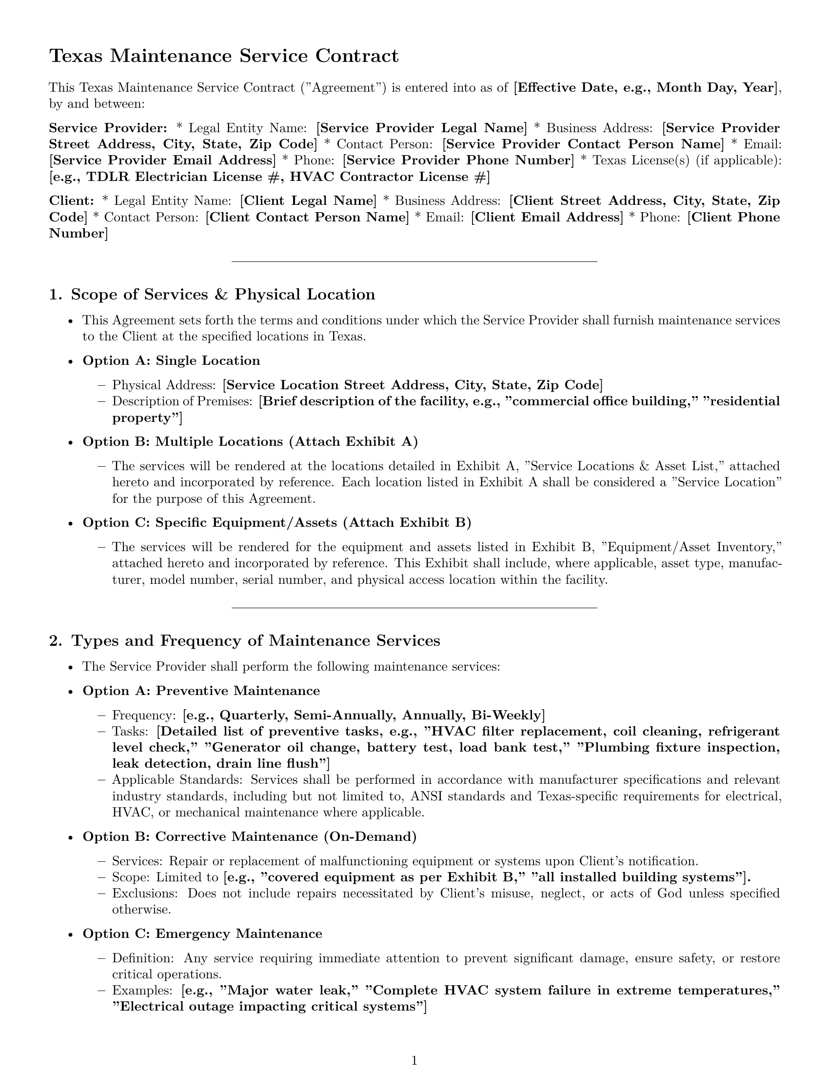 Preview page 1 of Pro Texas maintenance service contract template