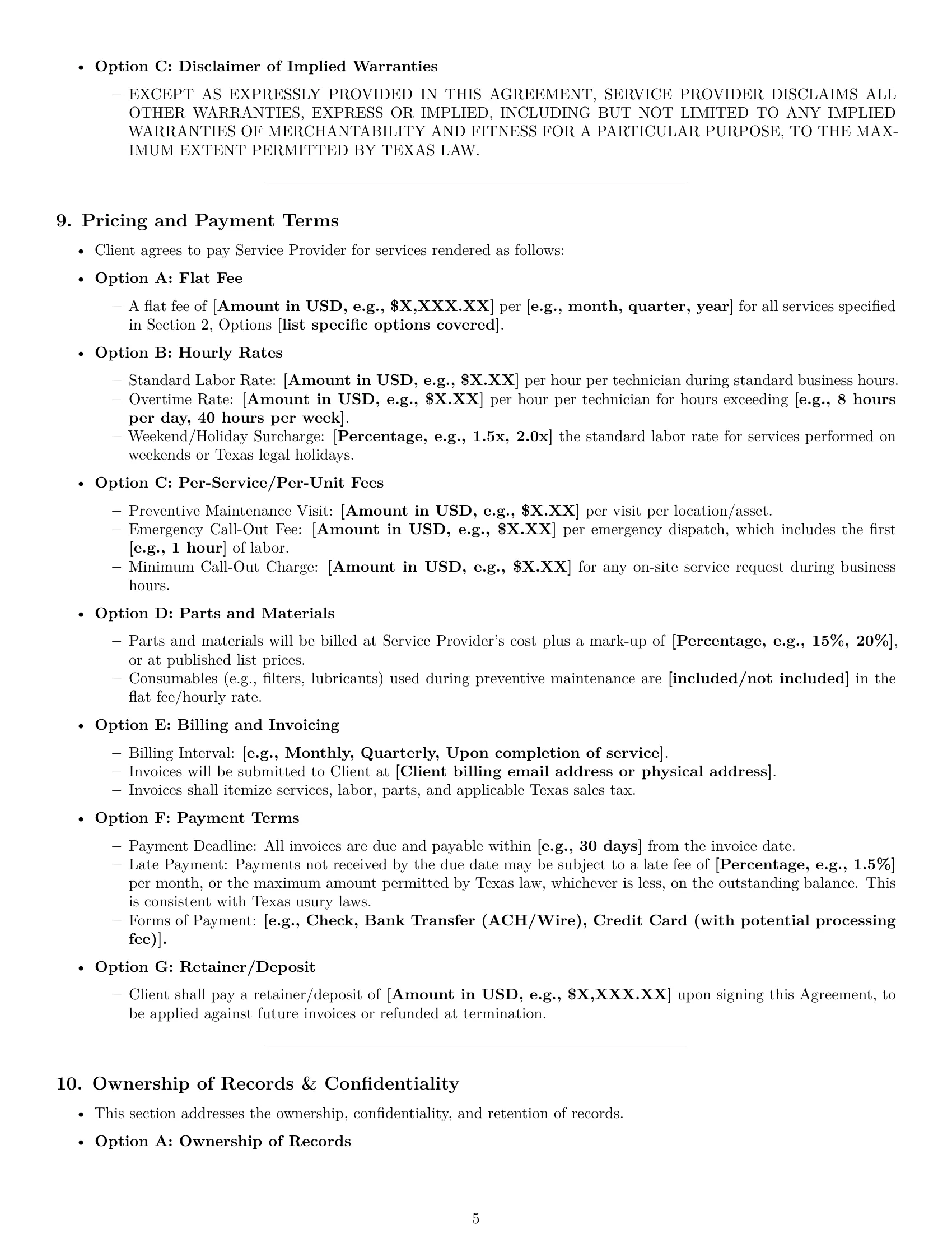 Preview page 5 of Pro Texas maintenance service contract template