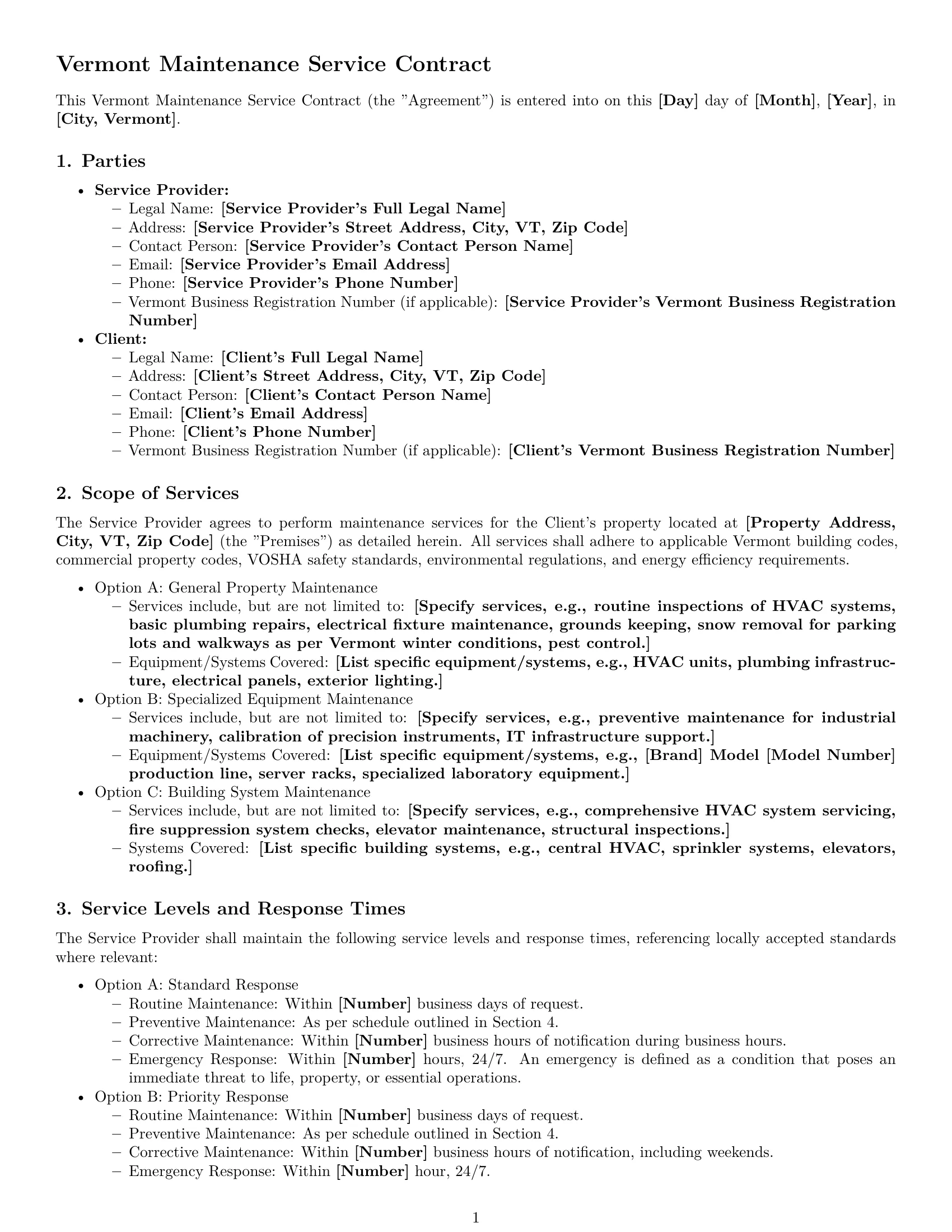 Preview page 1 of Pro Vermont maintenance service contract template