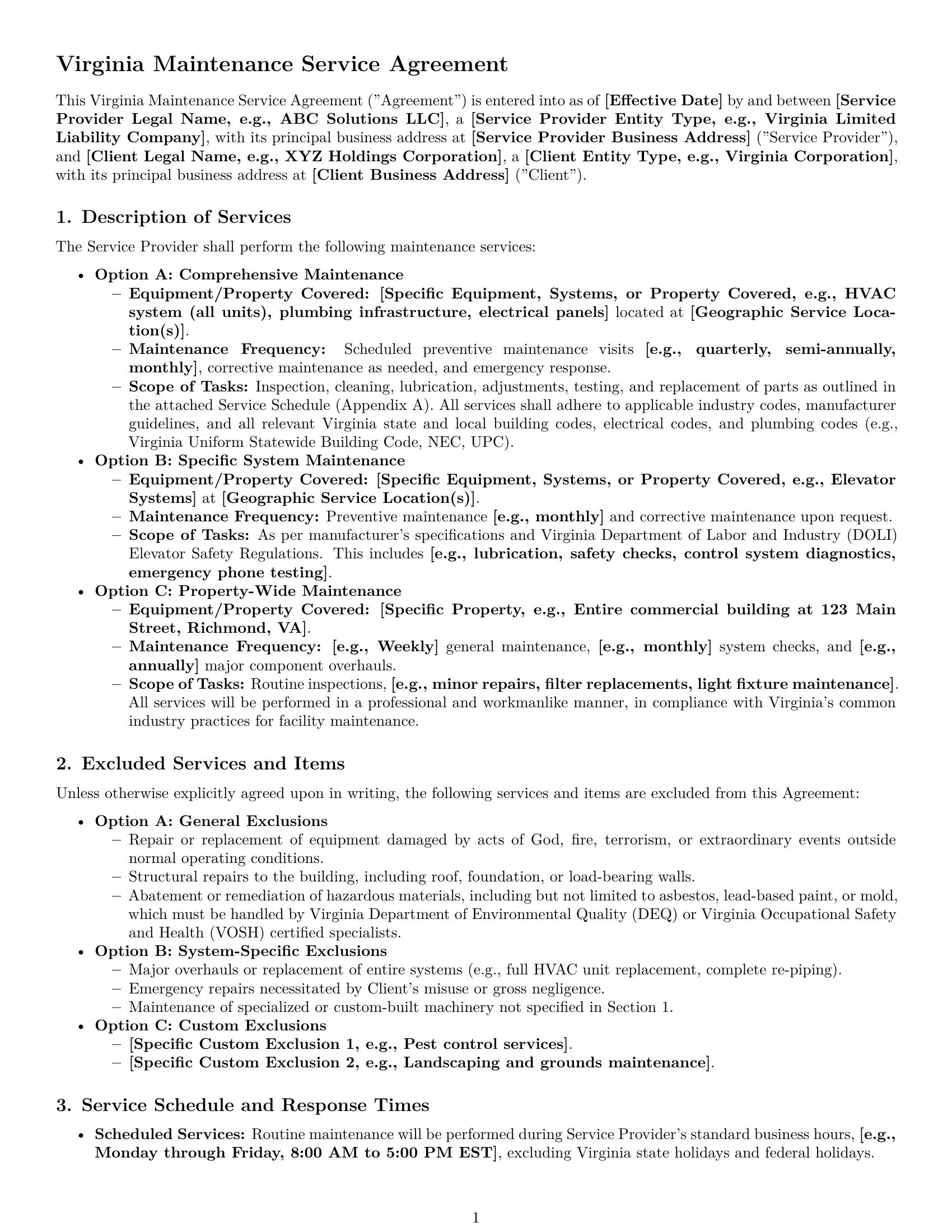 Preview page 1 of Pro Virginia maintenance service contract template