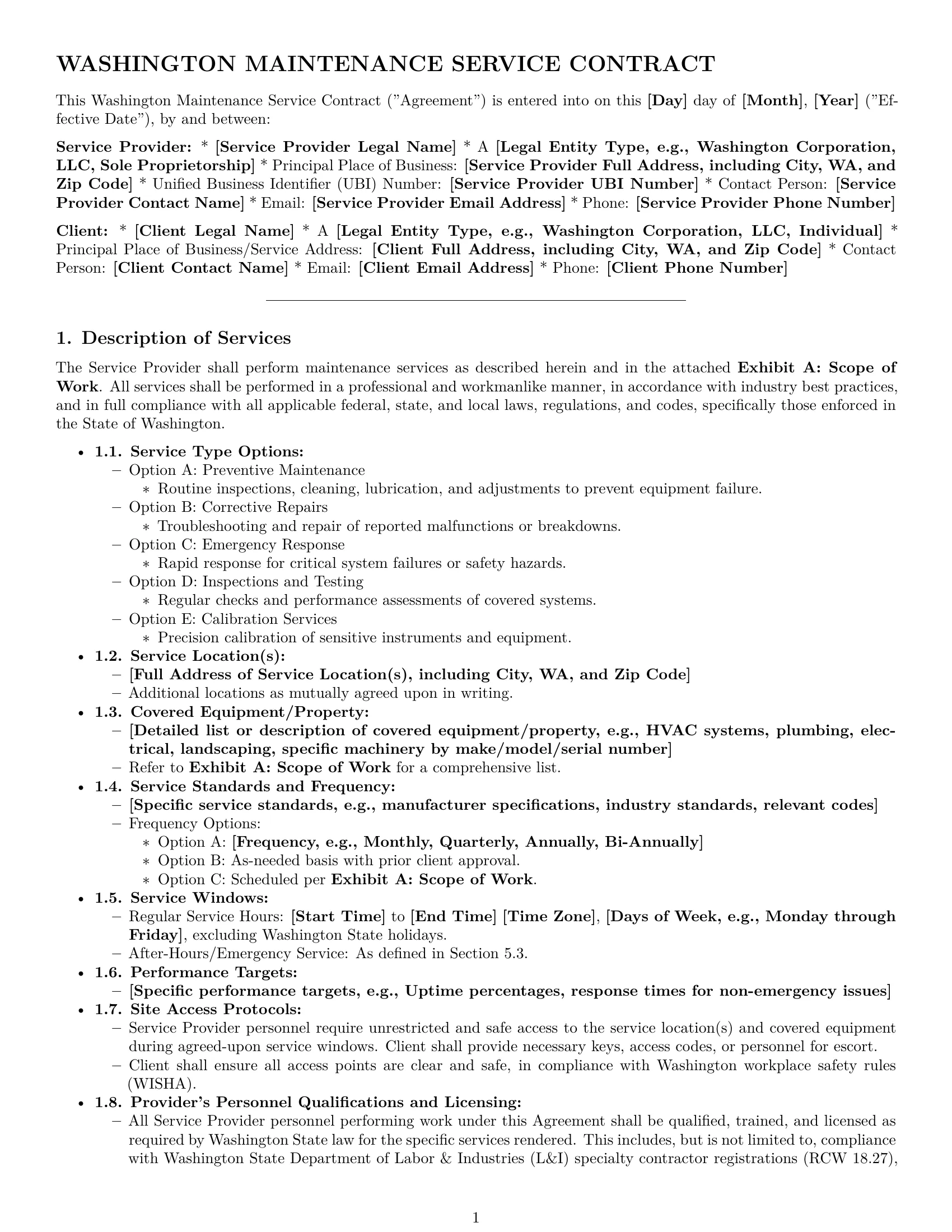 Preview page 1 of Pro Washington maintenance service contract template