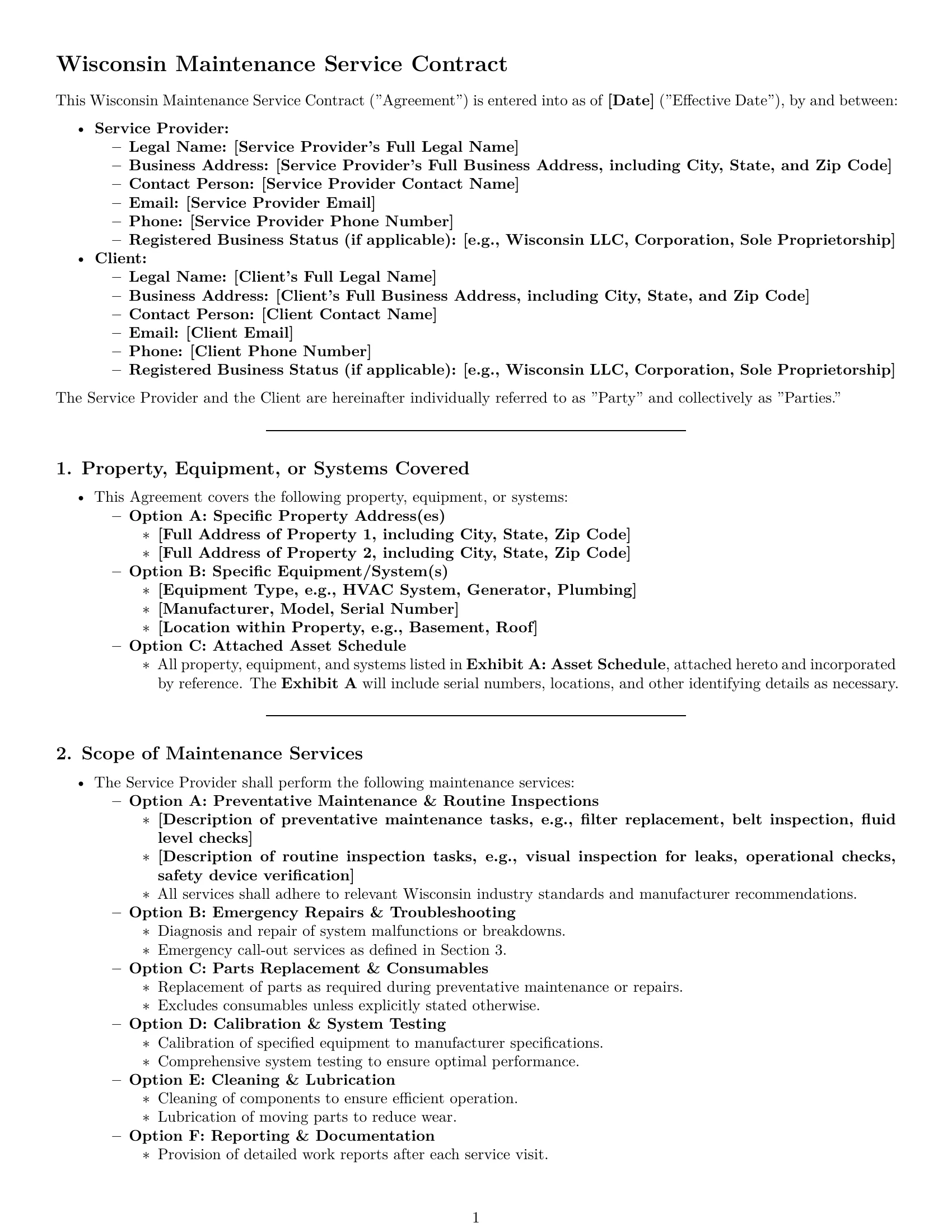 Preview page 1 of Pro Wisconsin maintenance service contract template