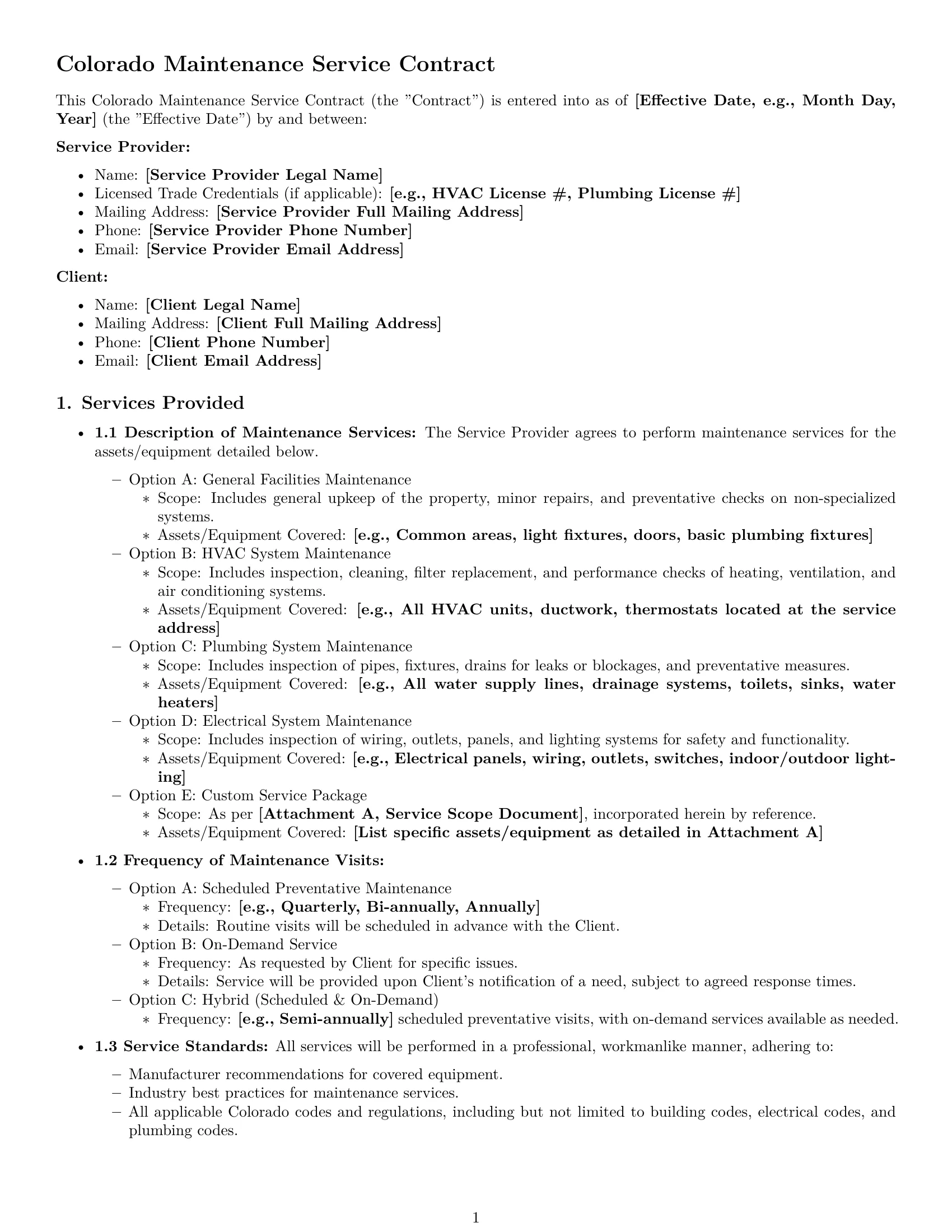 Preview page 1 of Pro Colorado maintenance service contract template