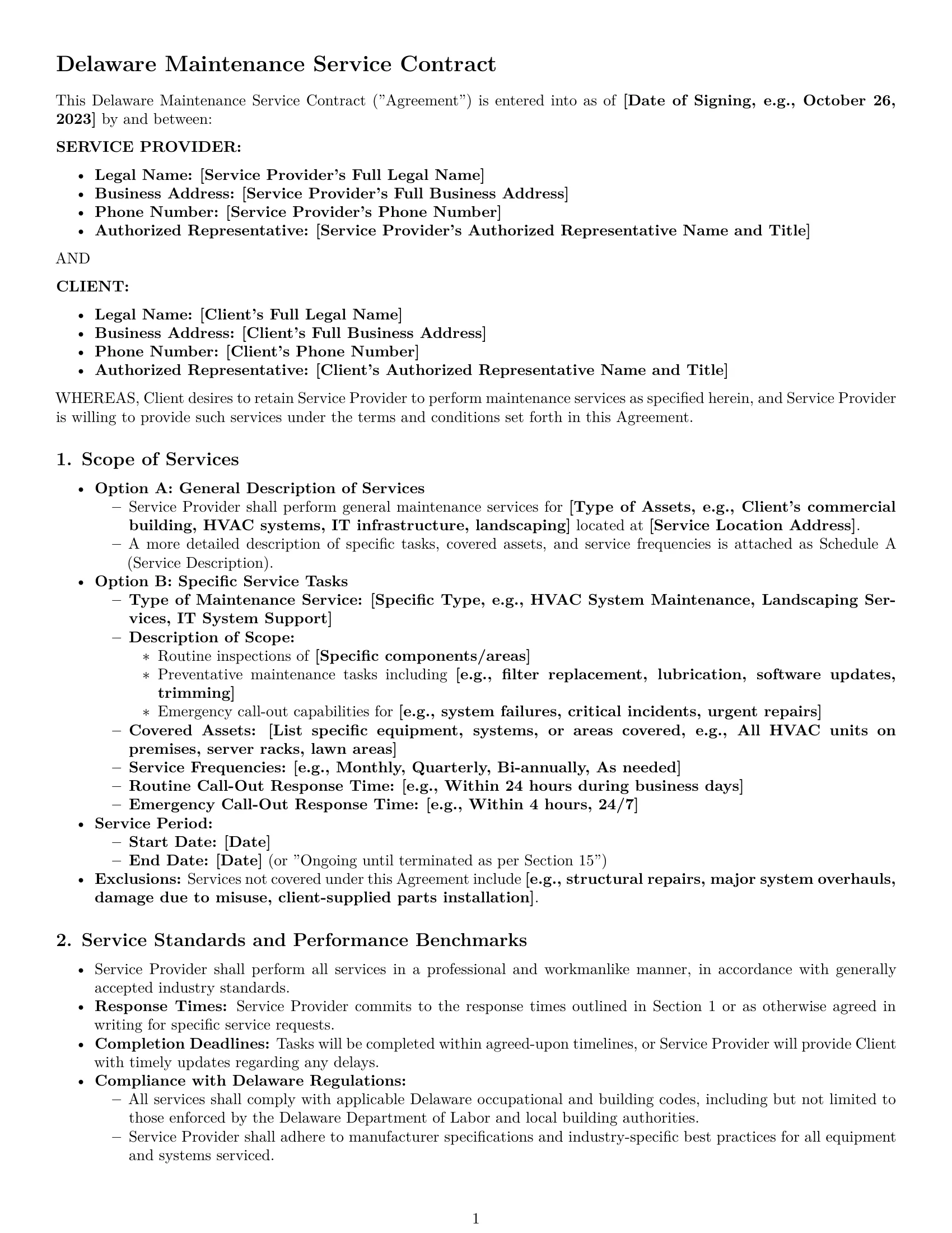 Preview page 1 of Pro Delaware maintenance service contract template