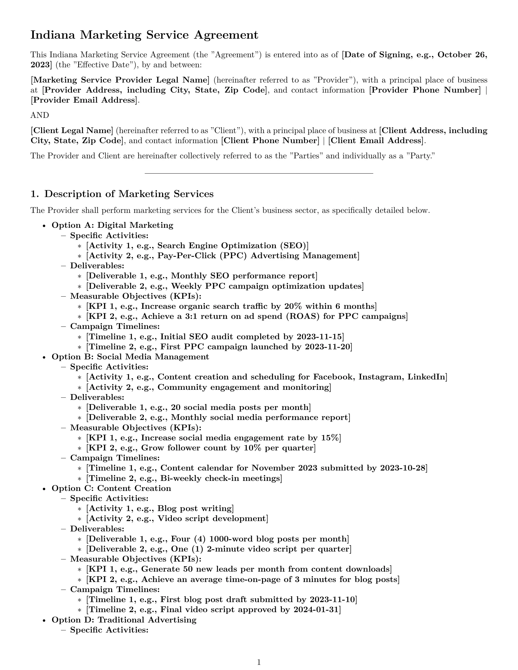Preview page 1 of Pro Indiana marketing service contract template