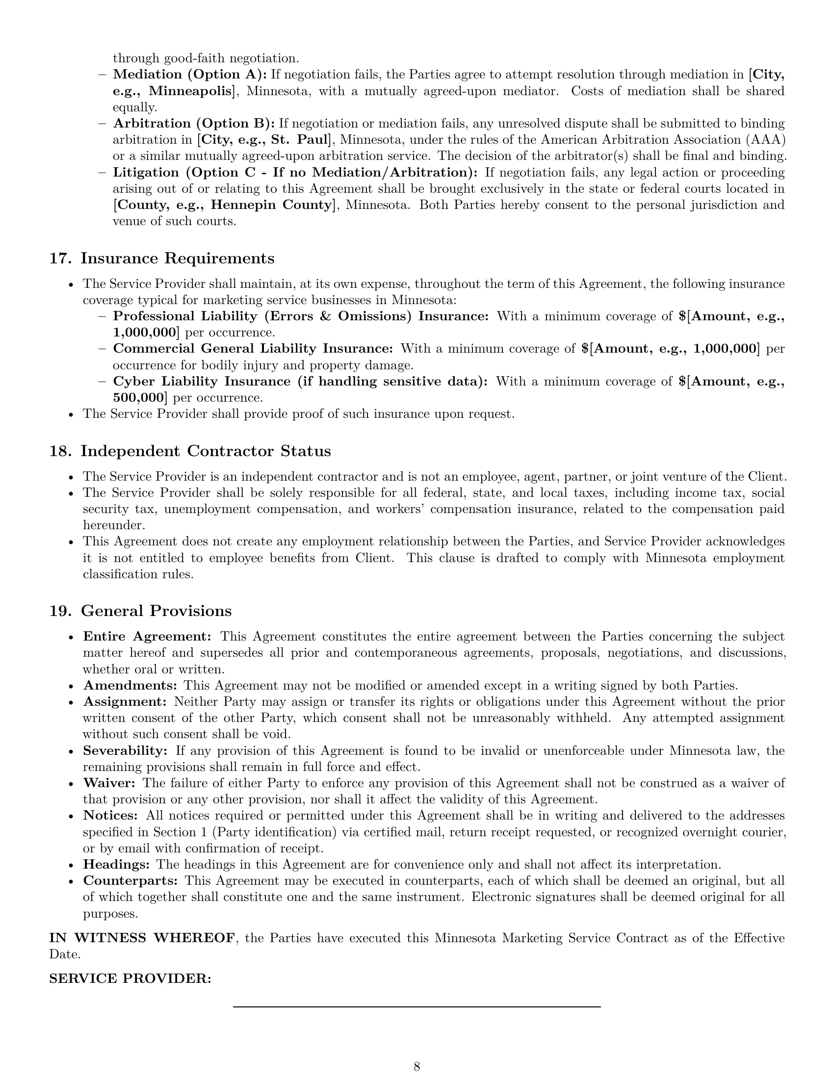 Preview page 8 of Pro Minnesota marketing service contract template